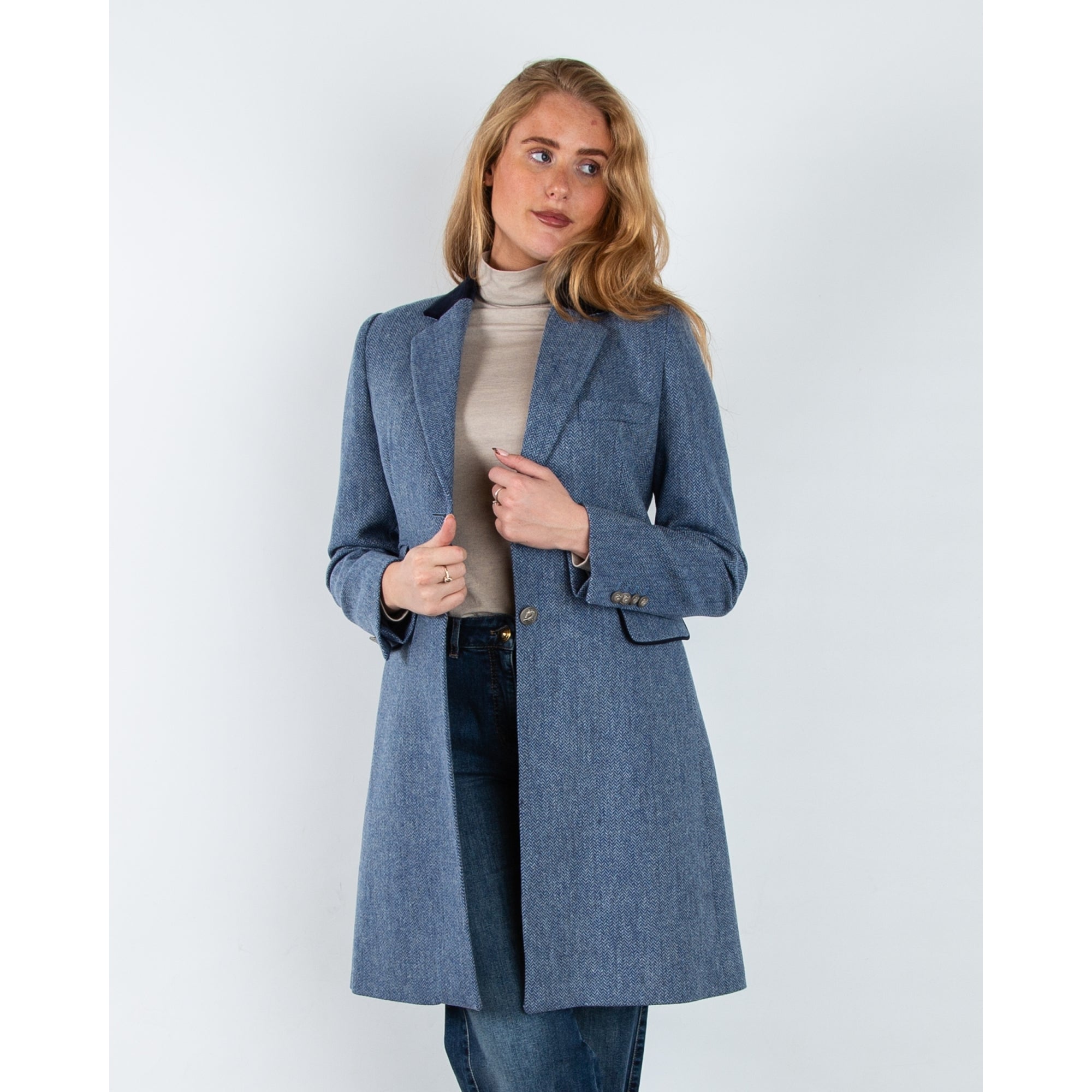 Bariloche Salpensa Long Line Herringbone Jacket With Velvet Trim Blue