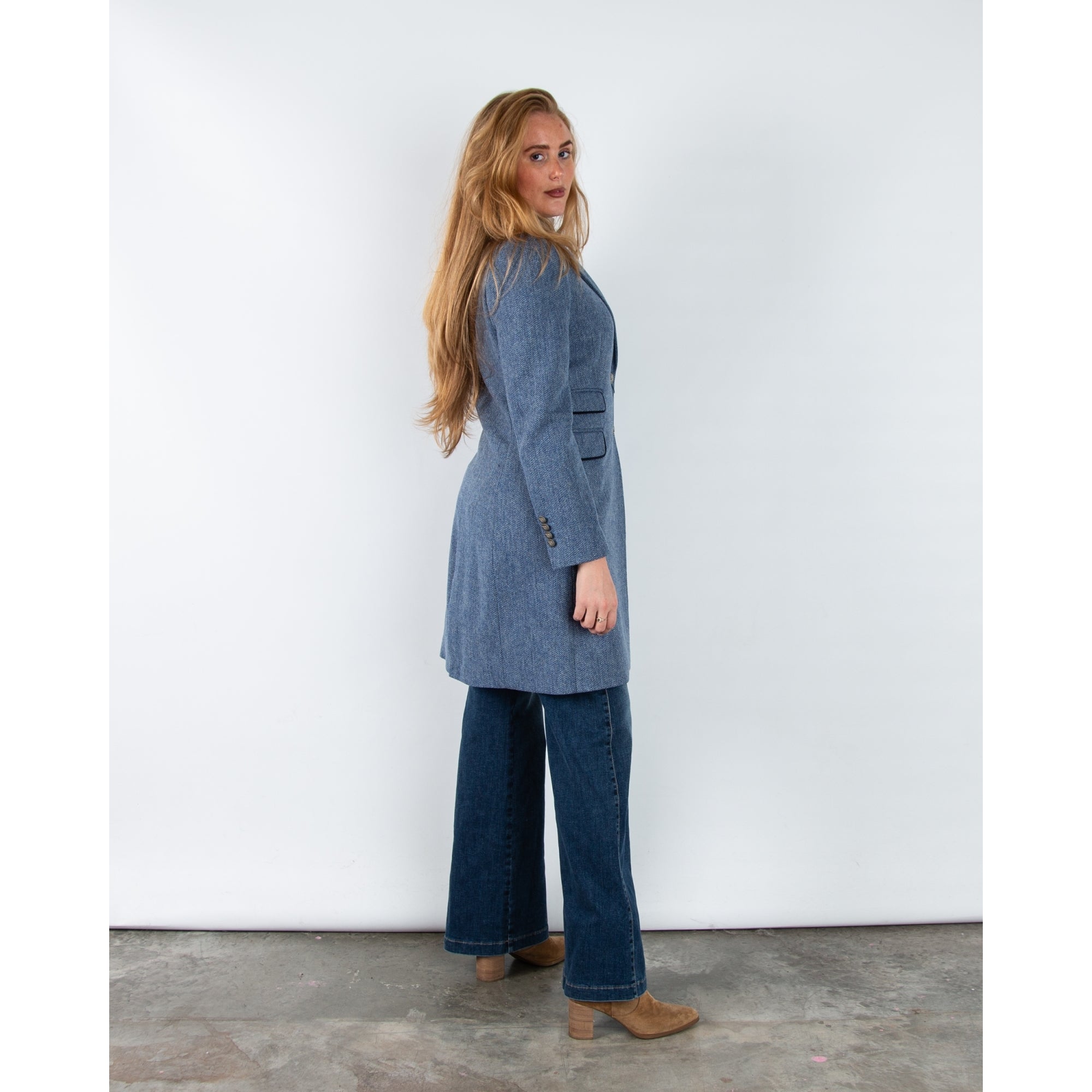 Bariloche Salpensa Long Line Herringbone Jacket With Velvet Trim Blue