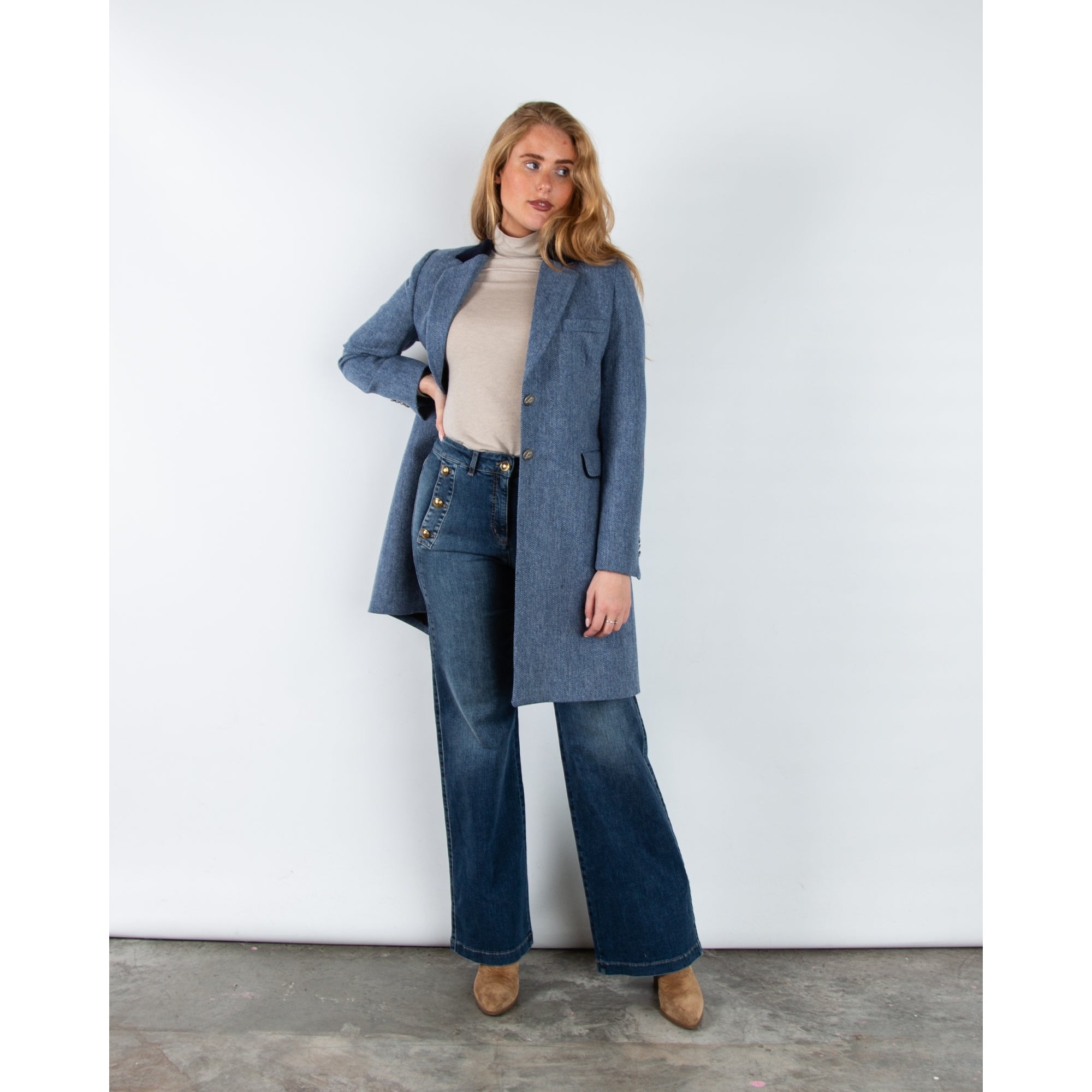 Bariloche Salpensa Long Line Herringbone Jacket With Velvet Trim Blue