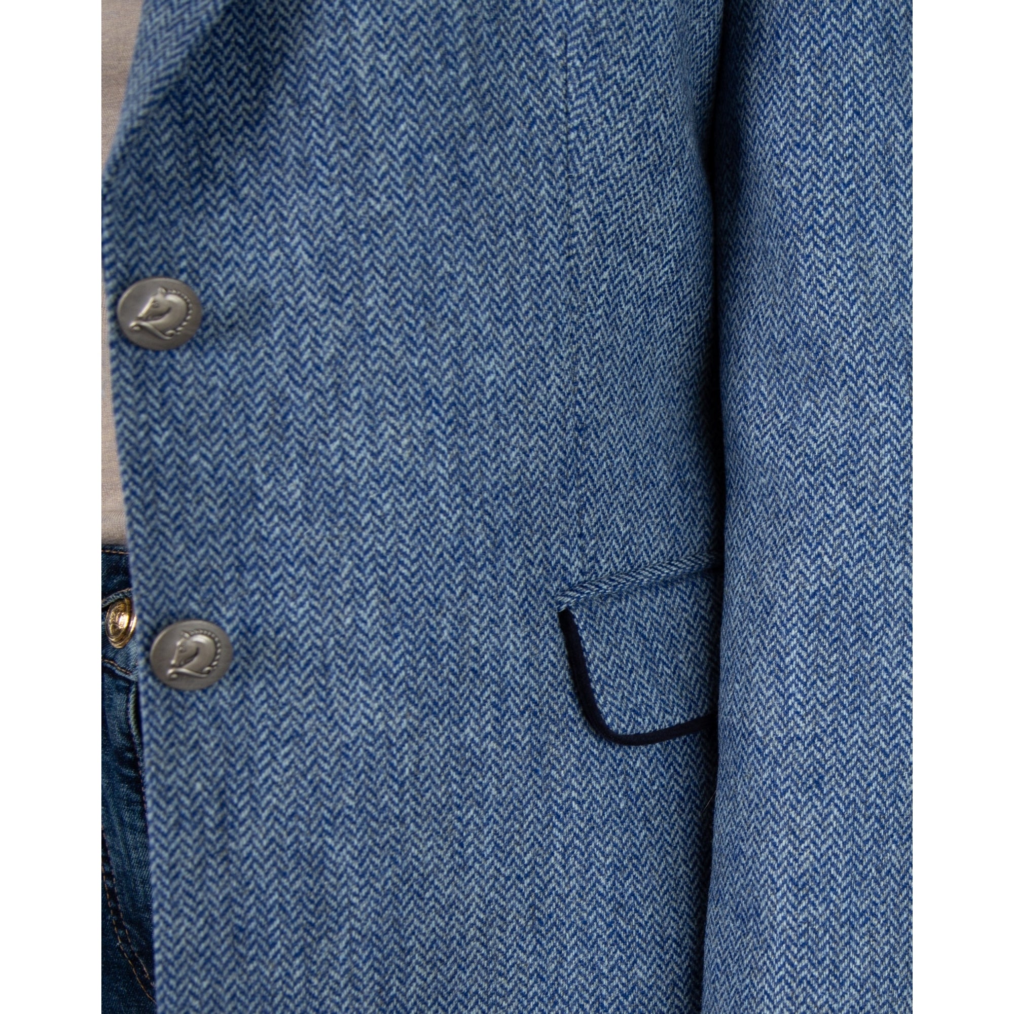 Bariloche Salpensa Long Line Herringbone Jacket With Velvet Trim Blue