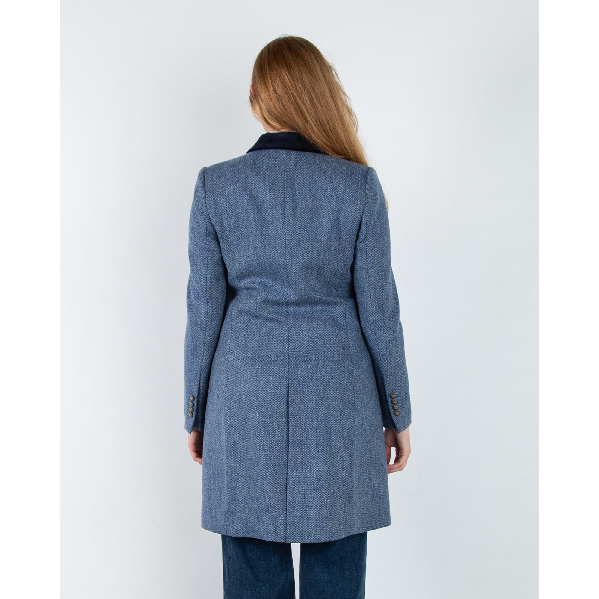 Bariloche Salpensa Long Line Herringbone Jacket With Velvet Trim Blue