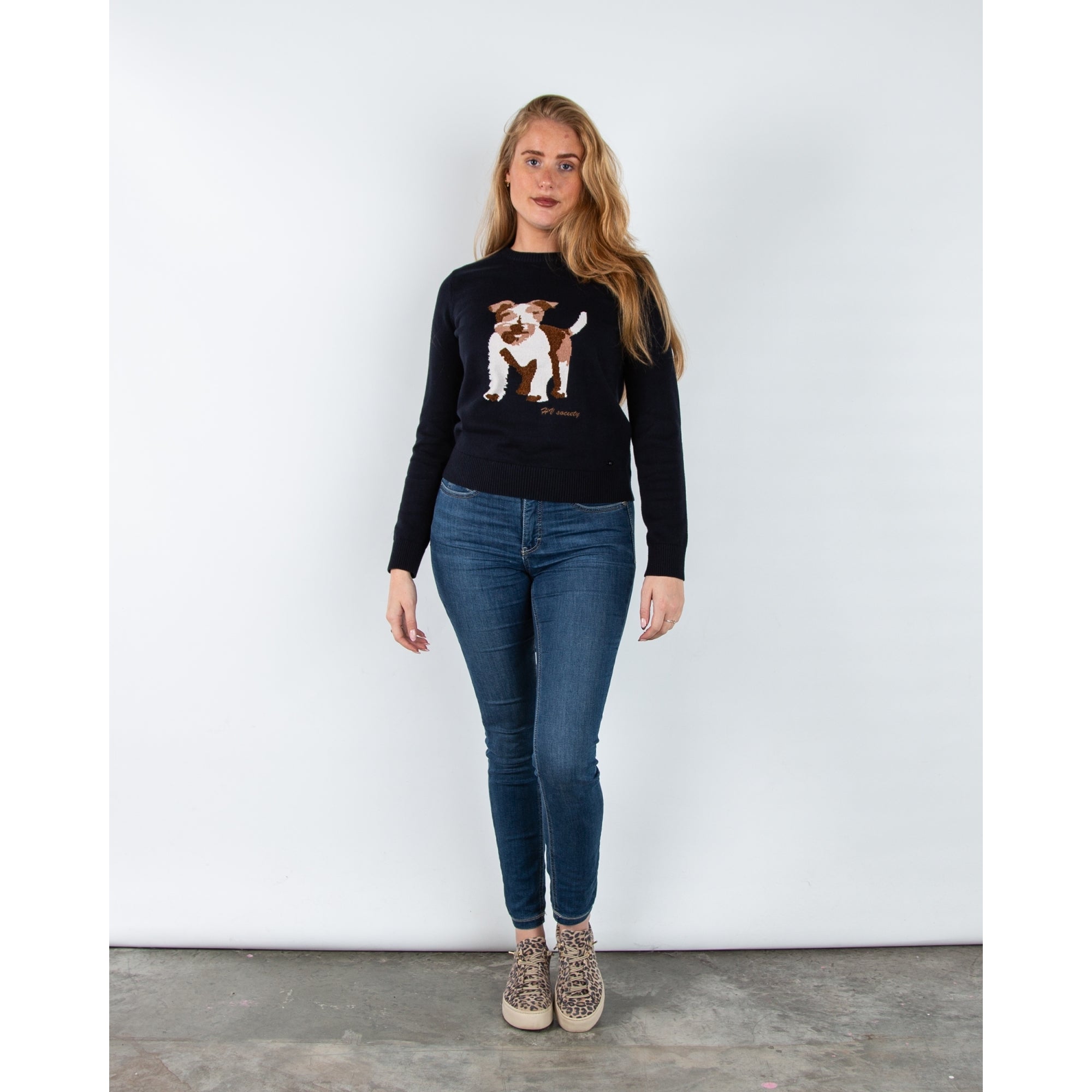 Hv Society Lucilla Dog Motif Knit Pullover With Rib Trim Navy