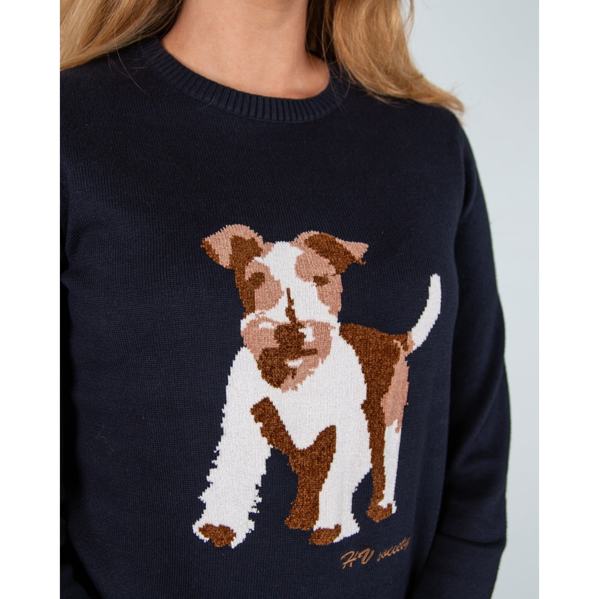 Hv Society Lucilla Dog Motif Knit Pullover With Rib Trim Navy