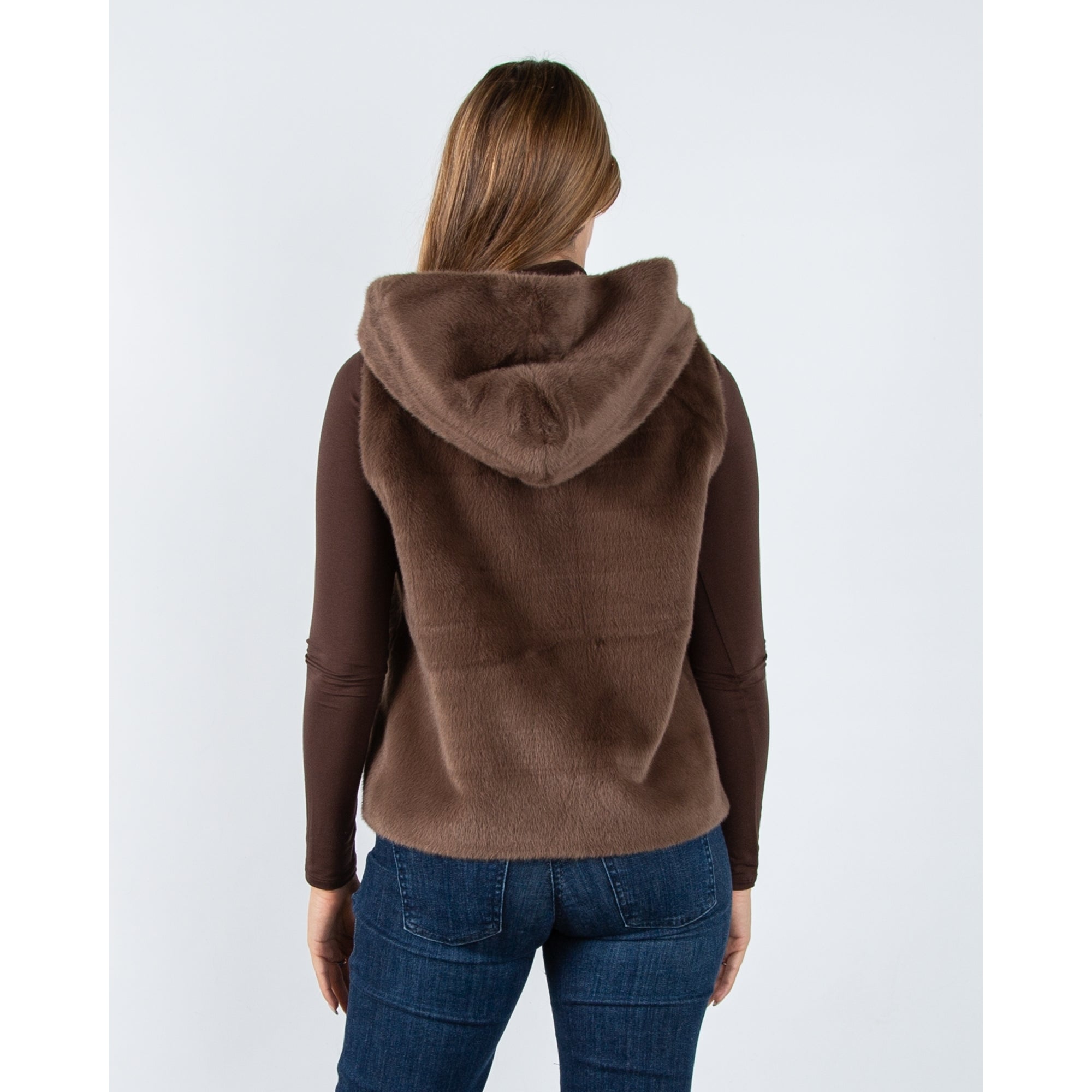 Giovanni Vicky Faux Fur Zip Through Gilet With Hood Marron