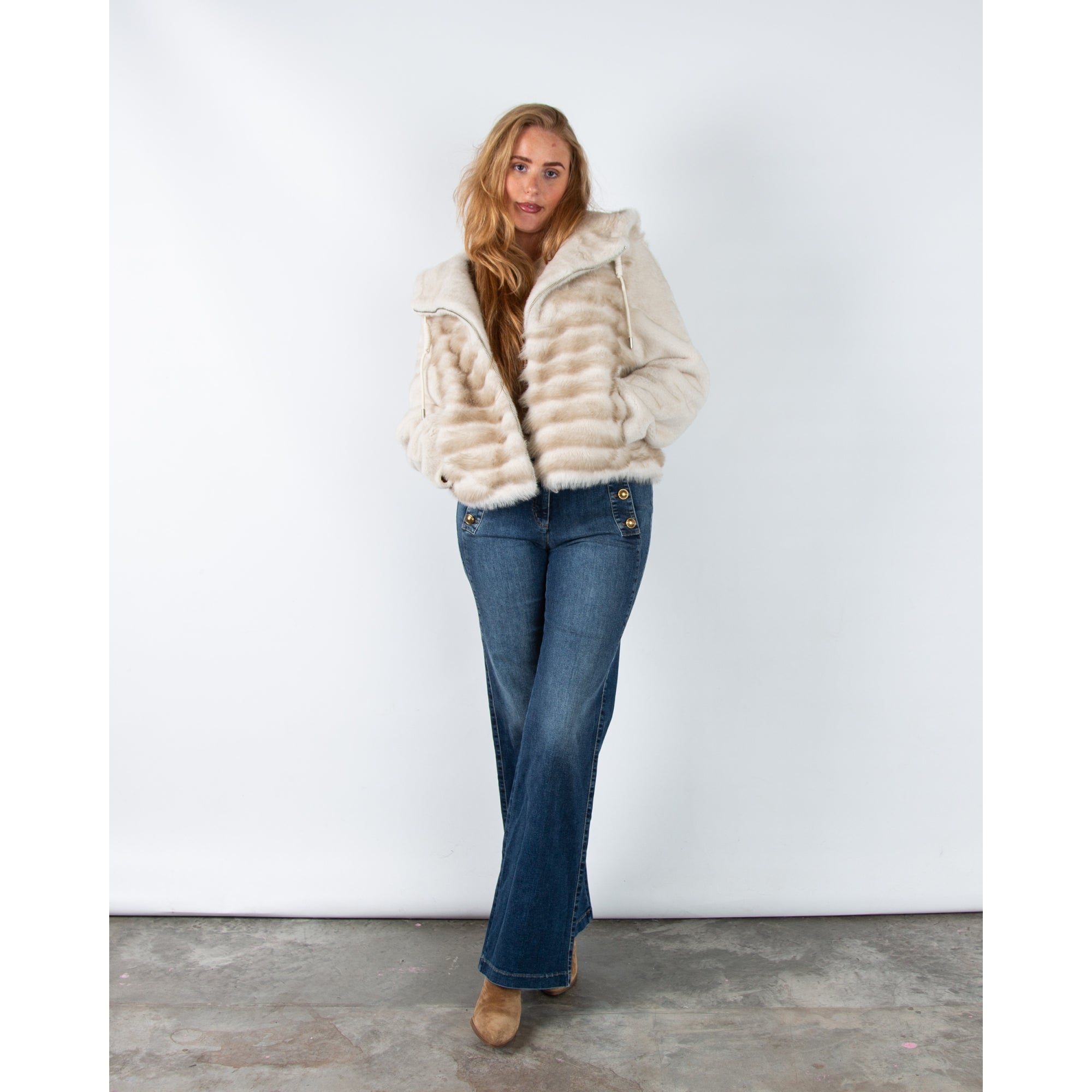 Giovanni Manon Panelled Faux Fur Hooded Jacket With Toggle Beige