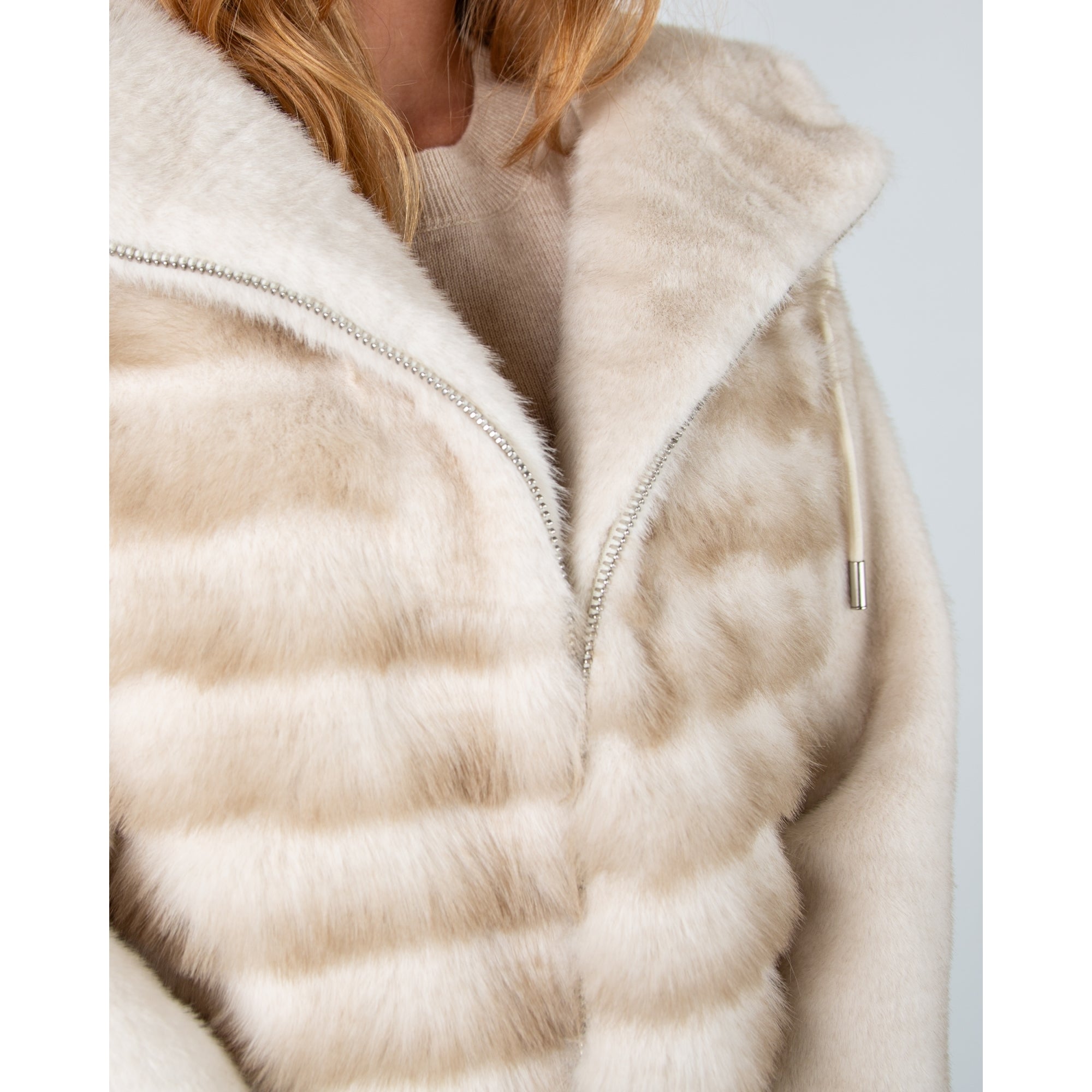 Giovanni Manon Panelled Faux Fur Hooded Jacket With Toggle Beige