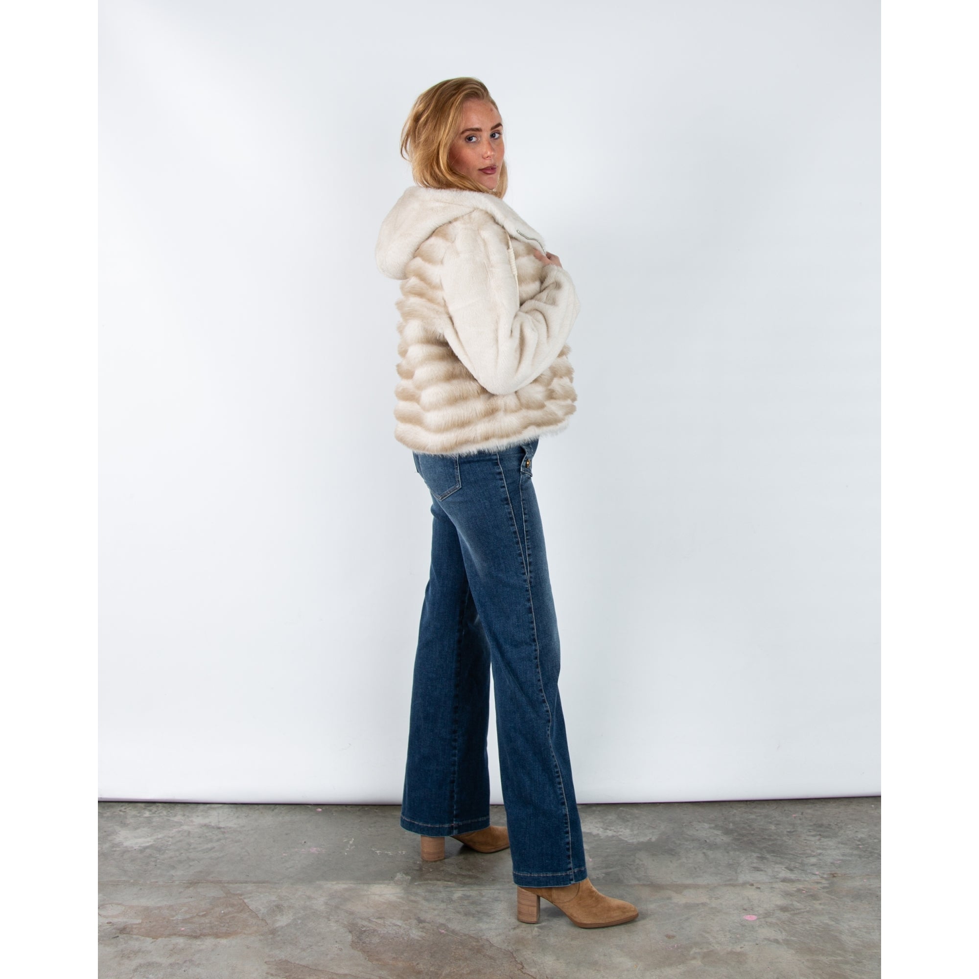 Giovanni Manon Panelled Faux Fur Hooded Jacket With Toggle Beige