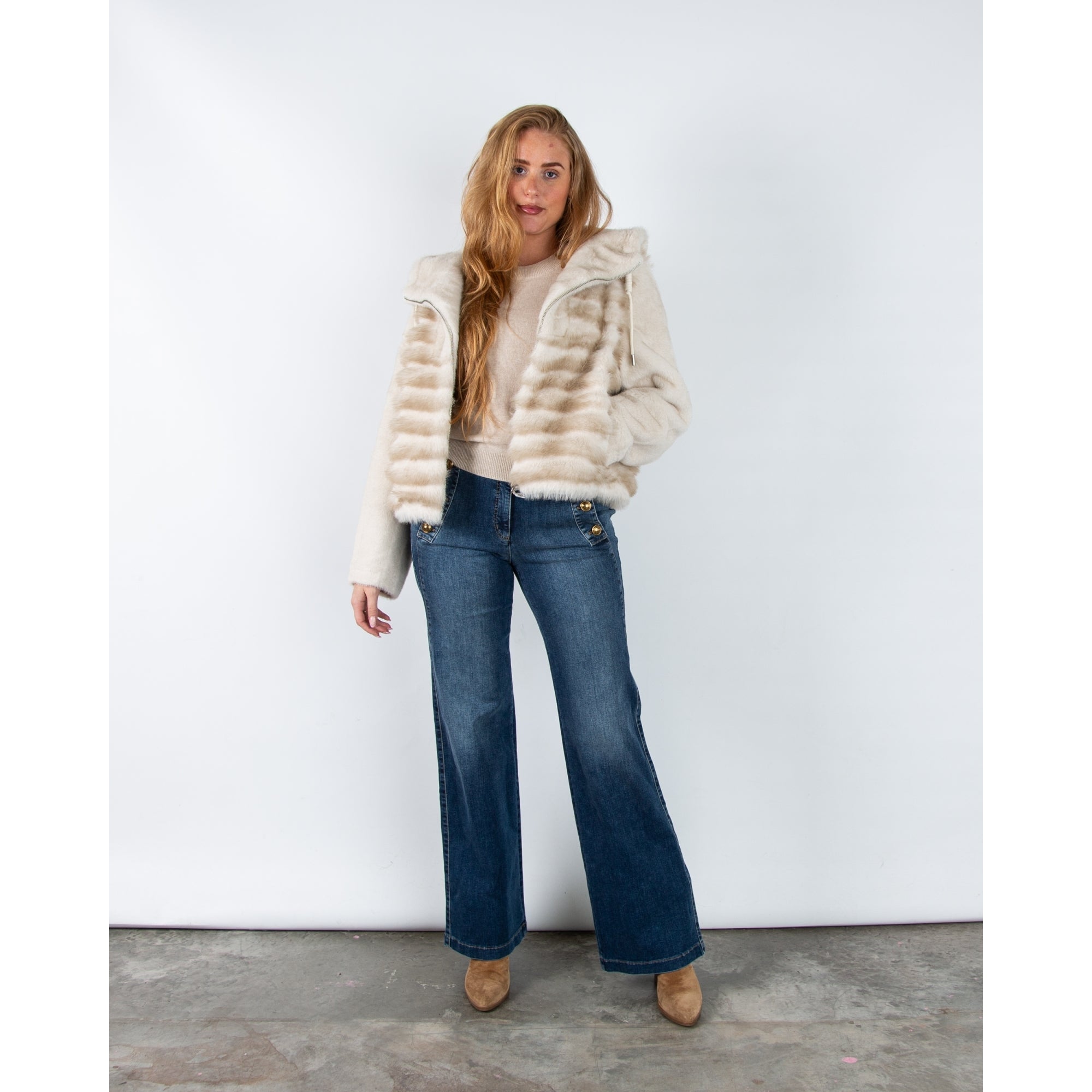 Giovanni Manon Panelled Faux Fur Hooded Jacket With Toggle Beige