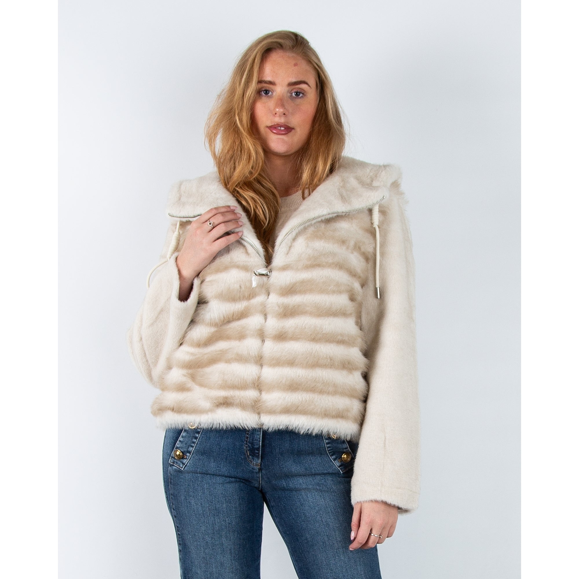 Giovanni Manon Panelled Faux Fur Hooded Jacket With Toggle Beige