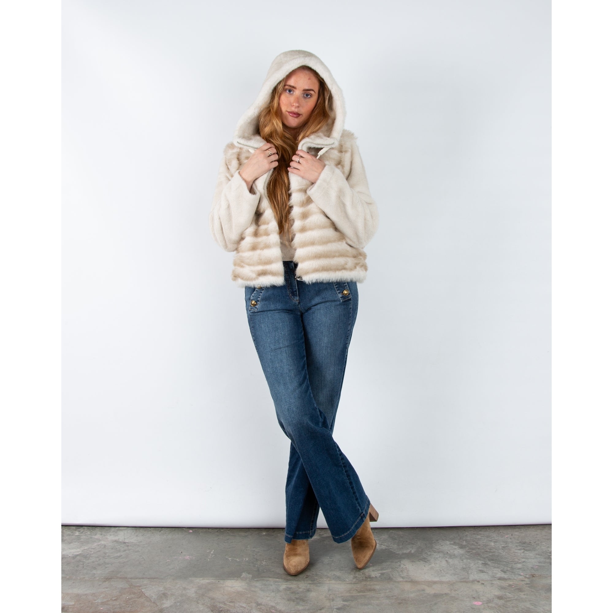 Giovanni Manon Panelled Faux Fur Hooded Jacket With Toggle Beige