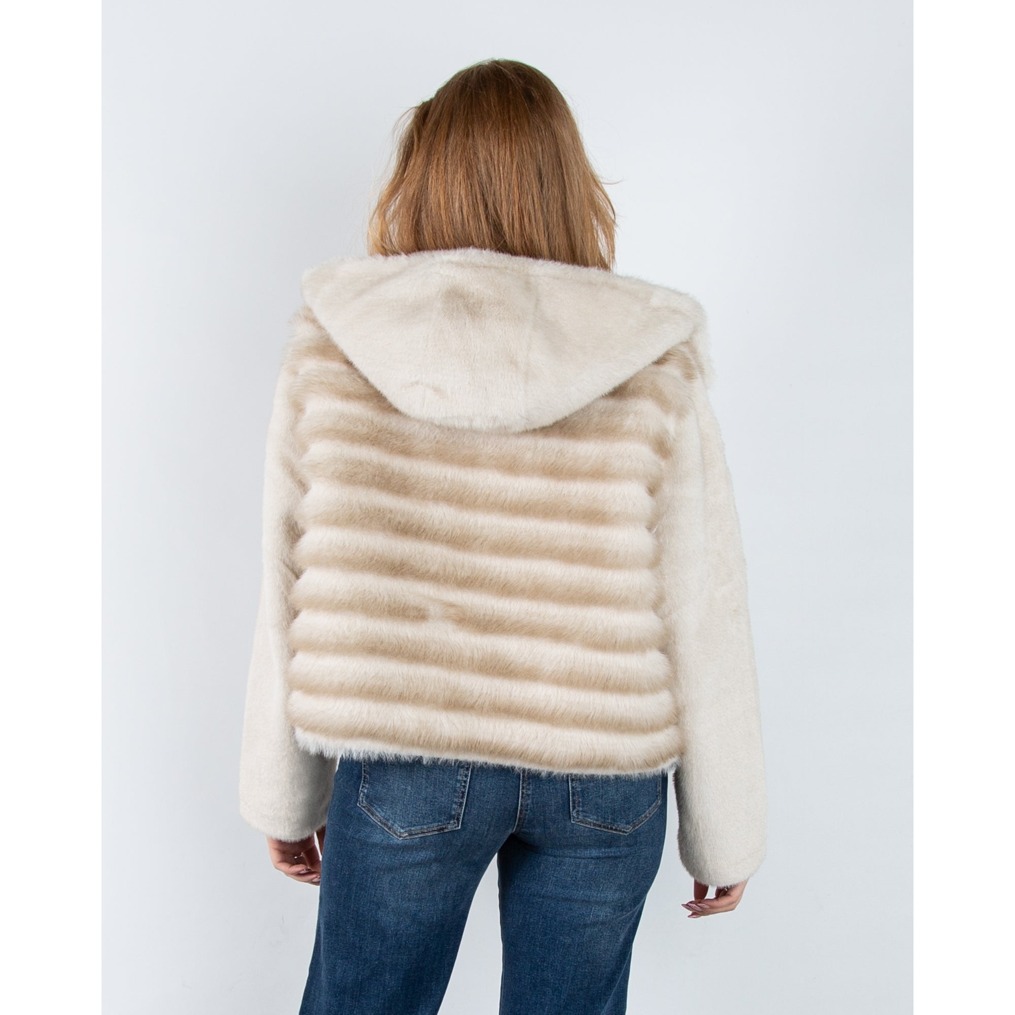 Giovanni Manon Panelled Faux Fur Hooded Jacket With Toggle Beige