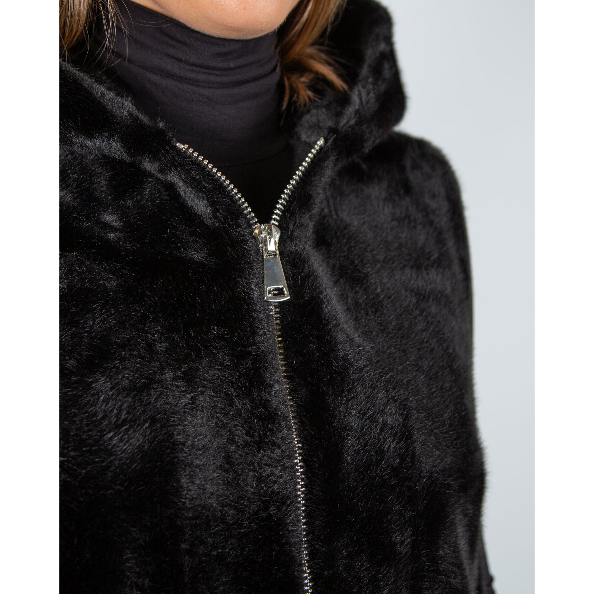 Giovanni Vicky Faux Fur Zip Through Gilet With Hood Black