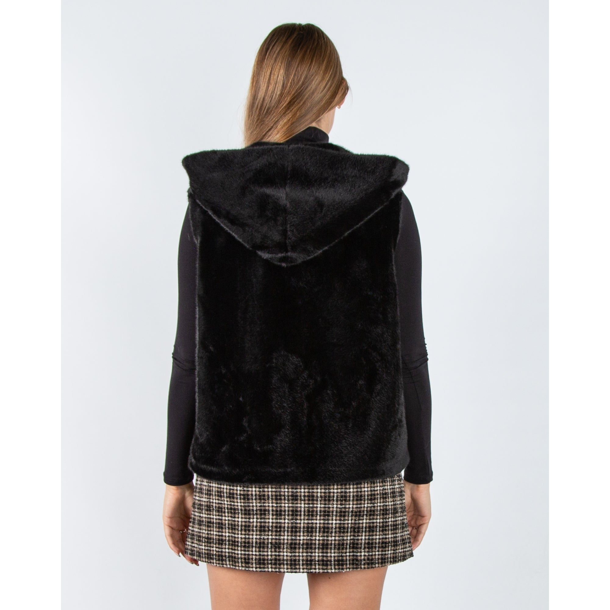 Giovanni Vicky Faux Fur Zip Through Gilet With Hood Black