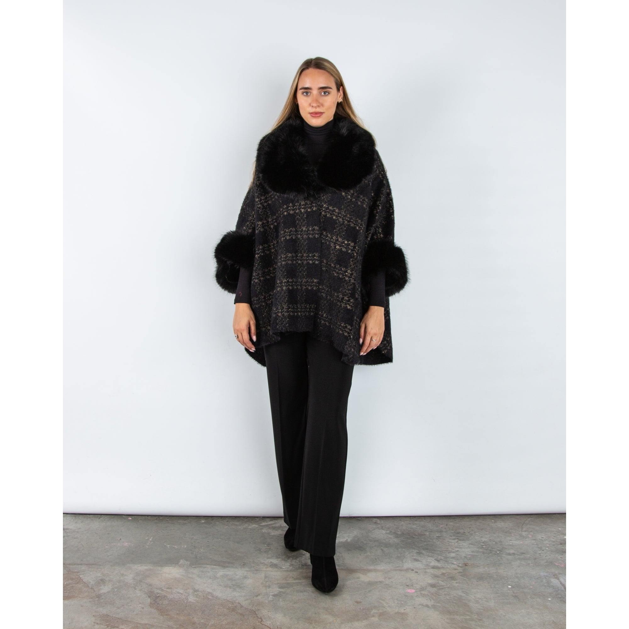 Joseph Ribkoff Lurex Jacquard Cape Jacket With Faux Fur Trim Black