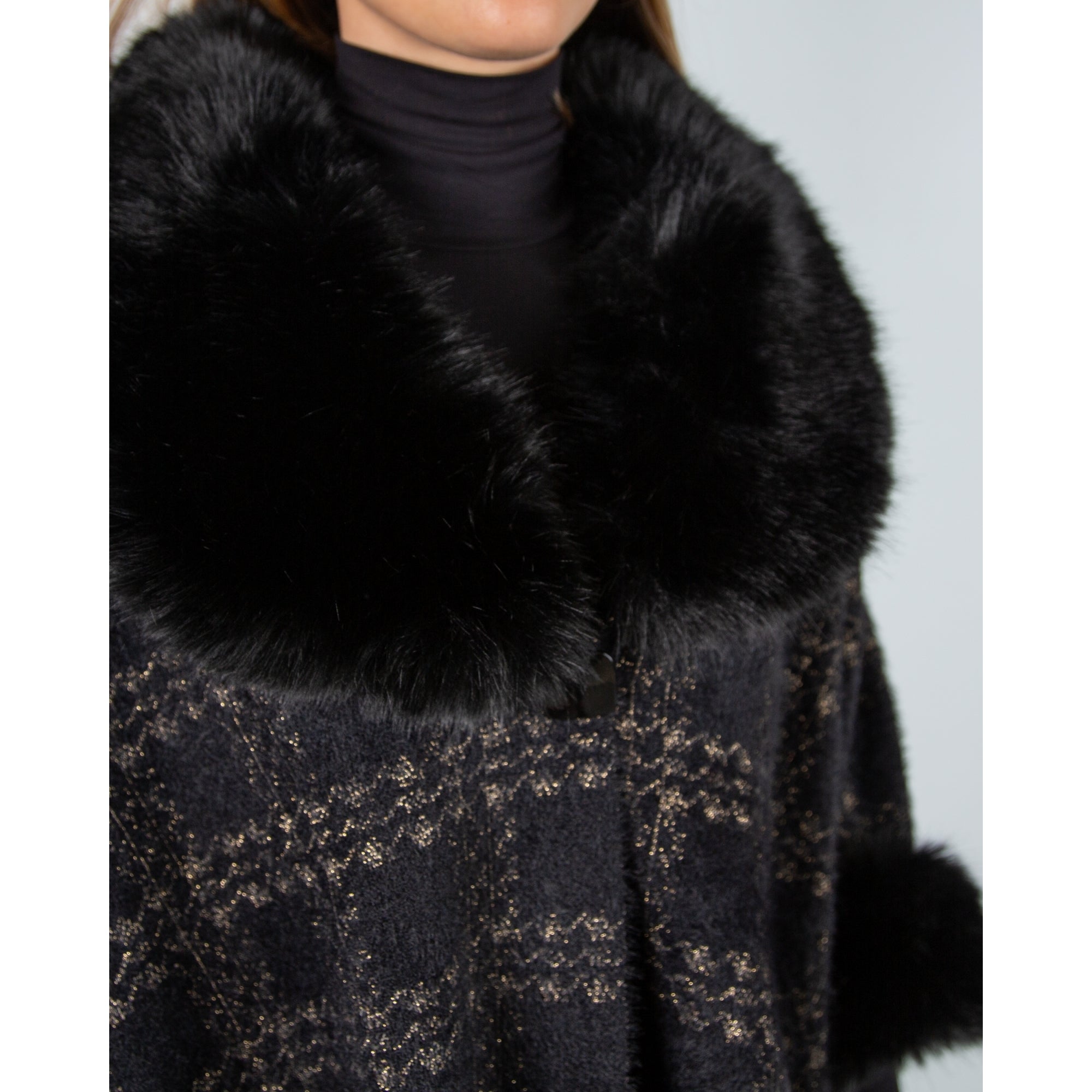 Joseph Ribkoff Lurex Jacquard Cape Jacket With Faux Fur Trim Black