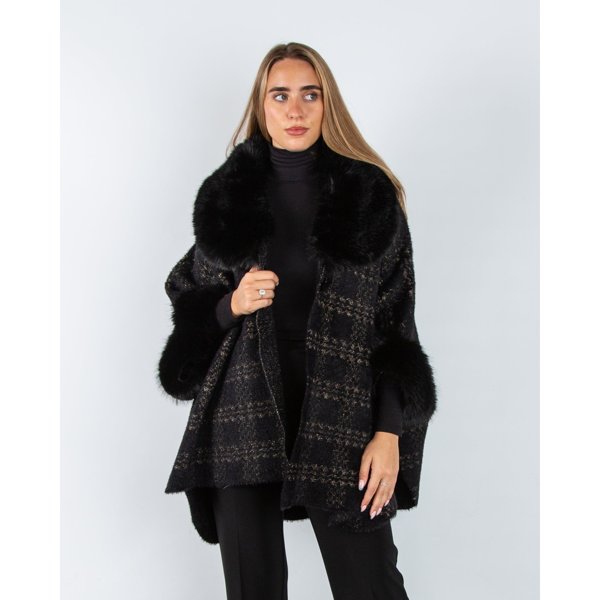 Joseph Ribkoff Lurex Jacquard Cape Jacket With Faux Fur Trim Black
