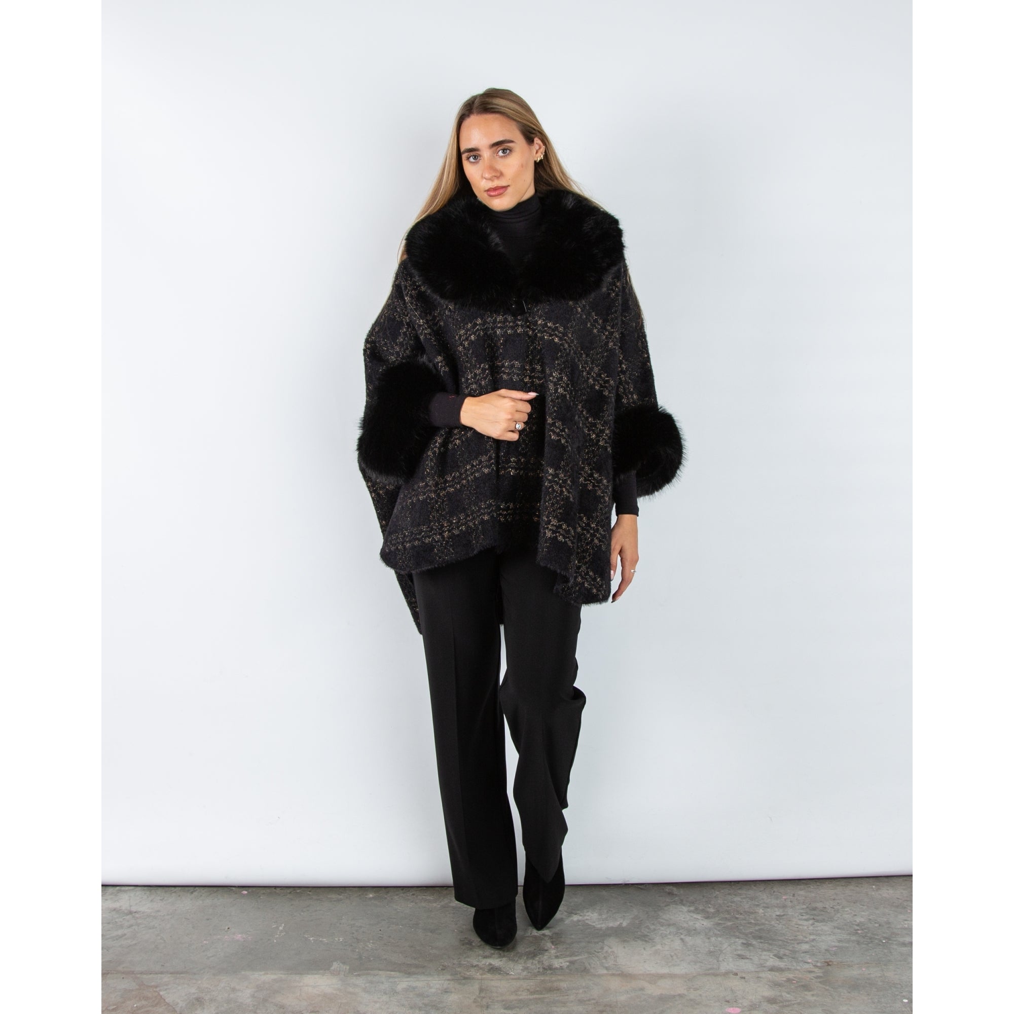 Joseph Ribkoff Lurex Jacquard Cape Jacket With Faux Fur Trim Black