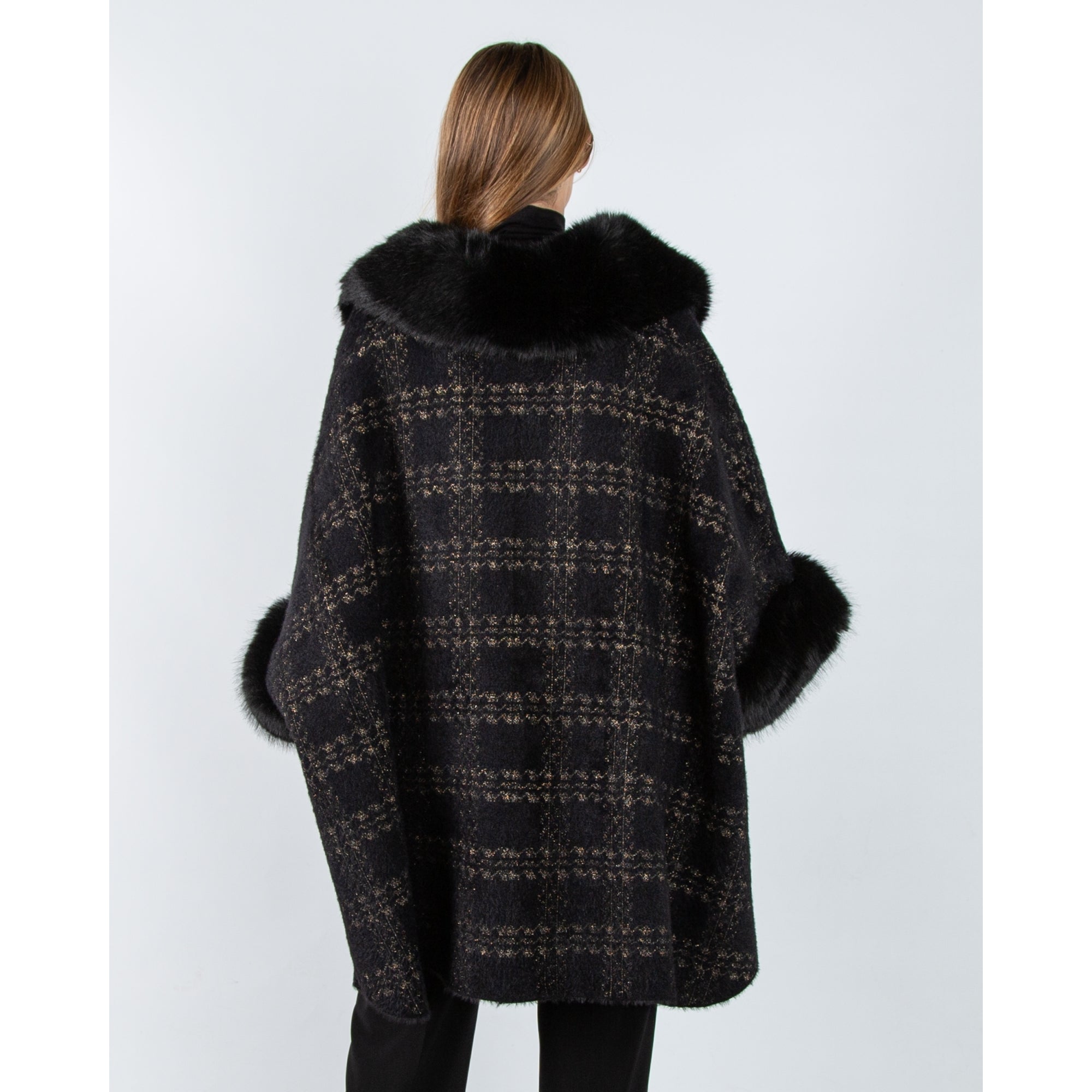 Joseph Ribkoff Lurex Jacquard Cape Jacket With Faux Fur Trim Black