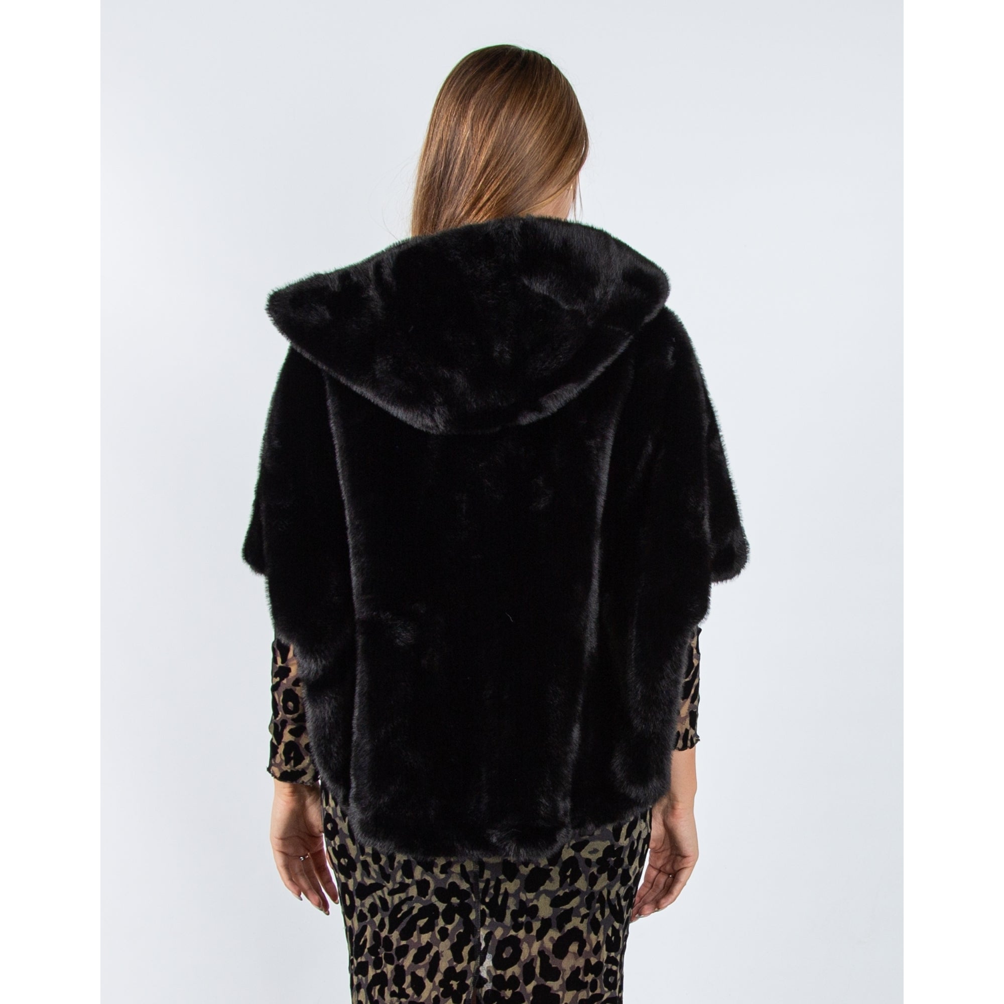 Giovanni Leonie Faux Fur Hooded Cape Jacket Black