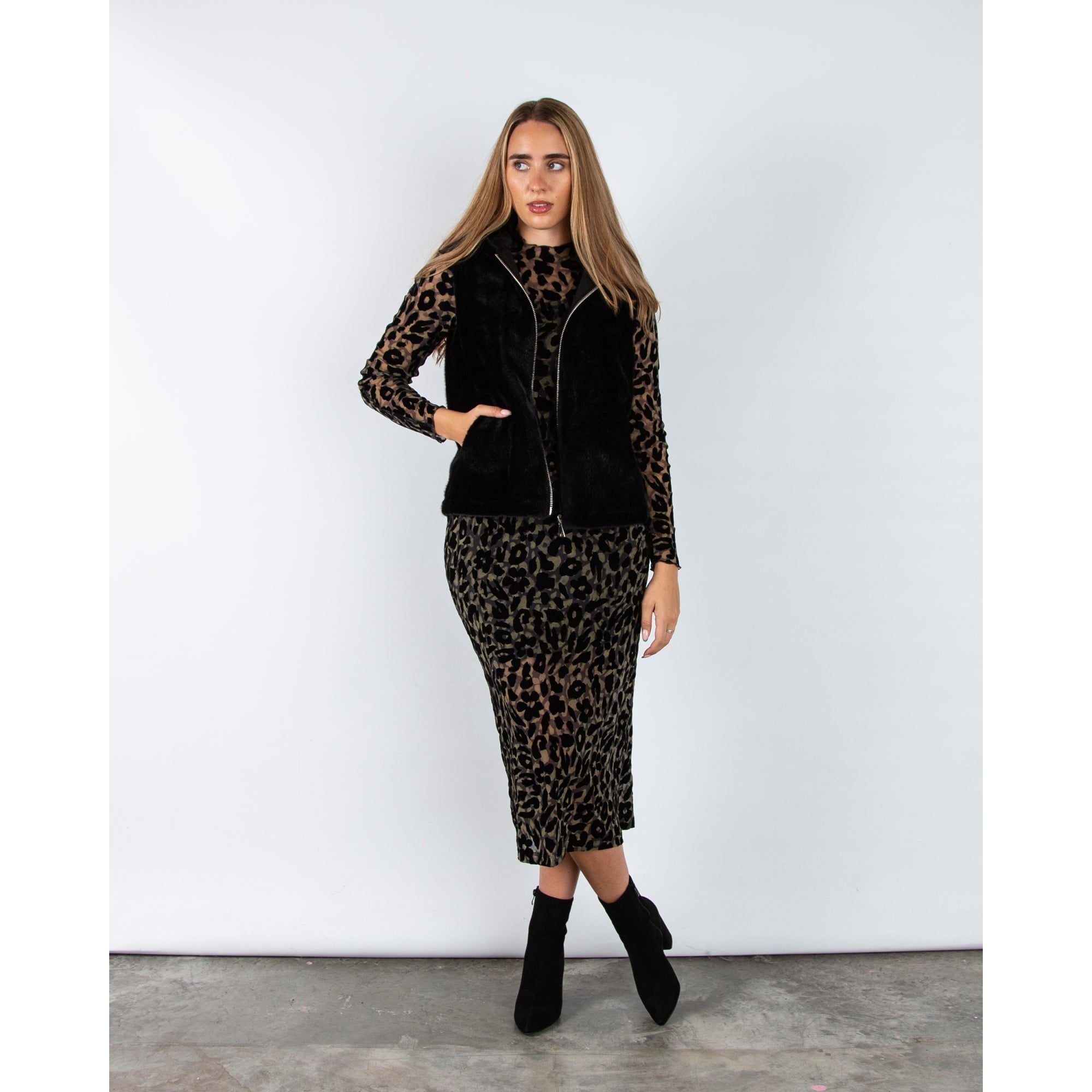 Marc Cain Leo Hike Form Fitting Leopard Print Maxi Dress Khaki/Black