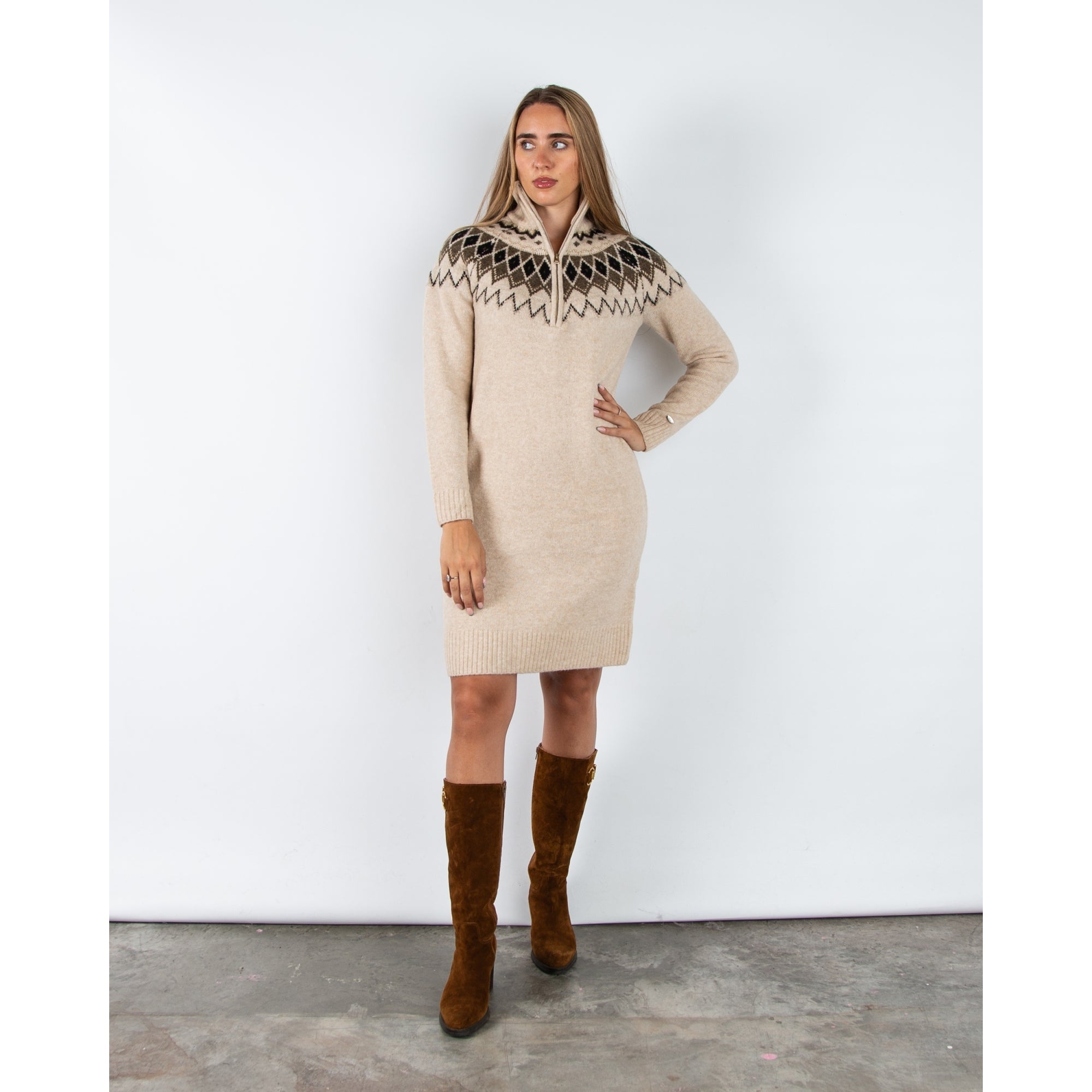 Hv Society Nurya Fair Isle Knit Dress With Zip Neck Beige Marl