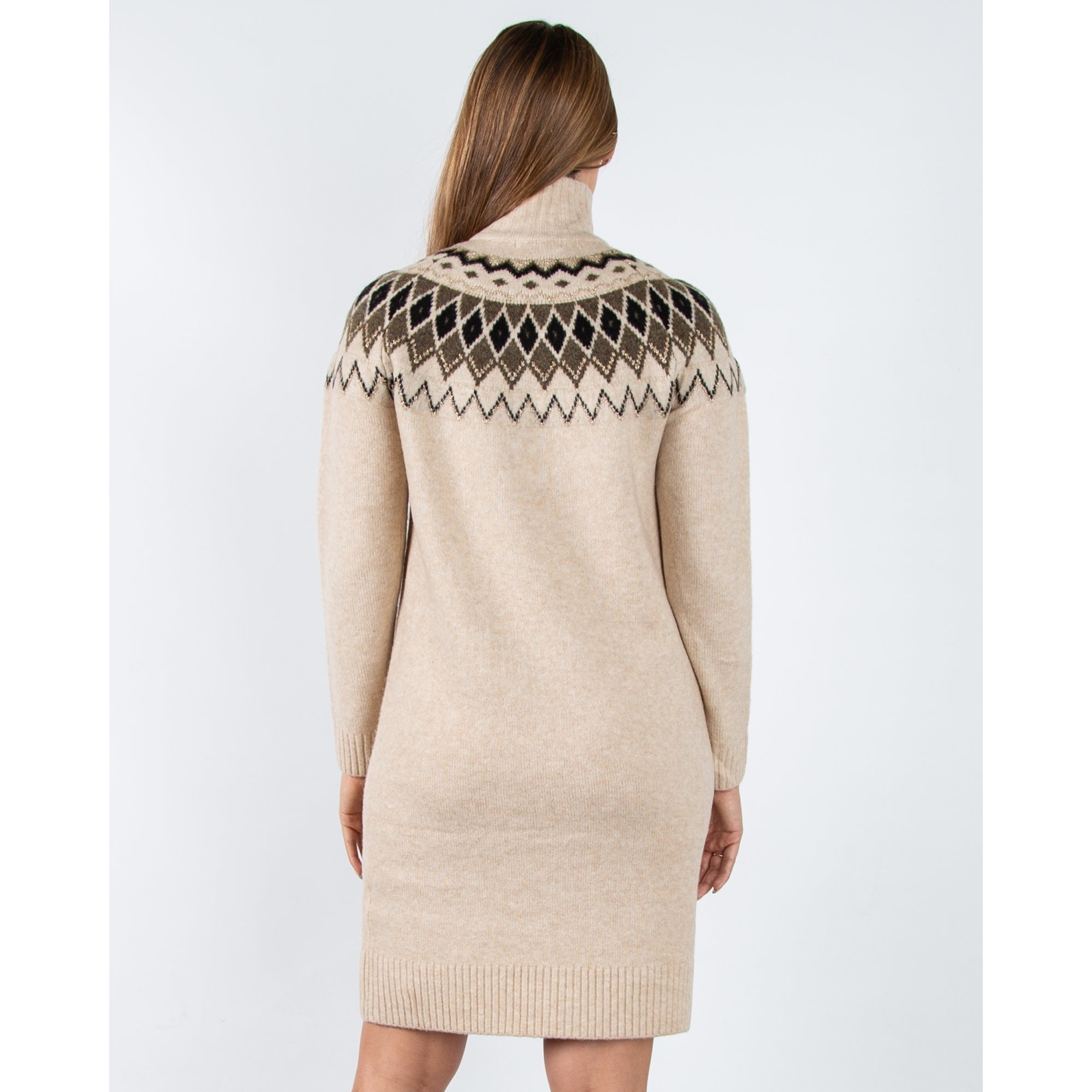 Hv Society Nurya Fair Isle Knit Dress With Zip Neck Beige Marl