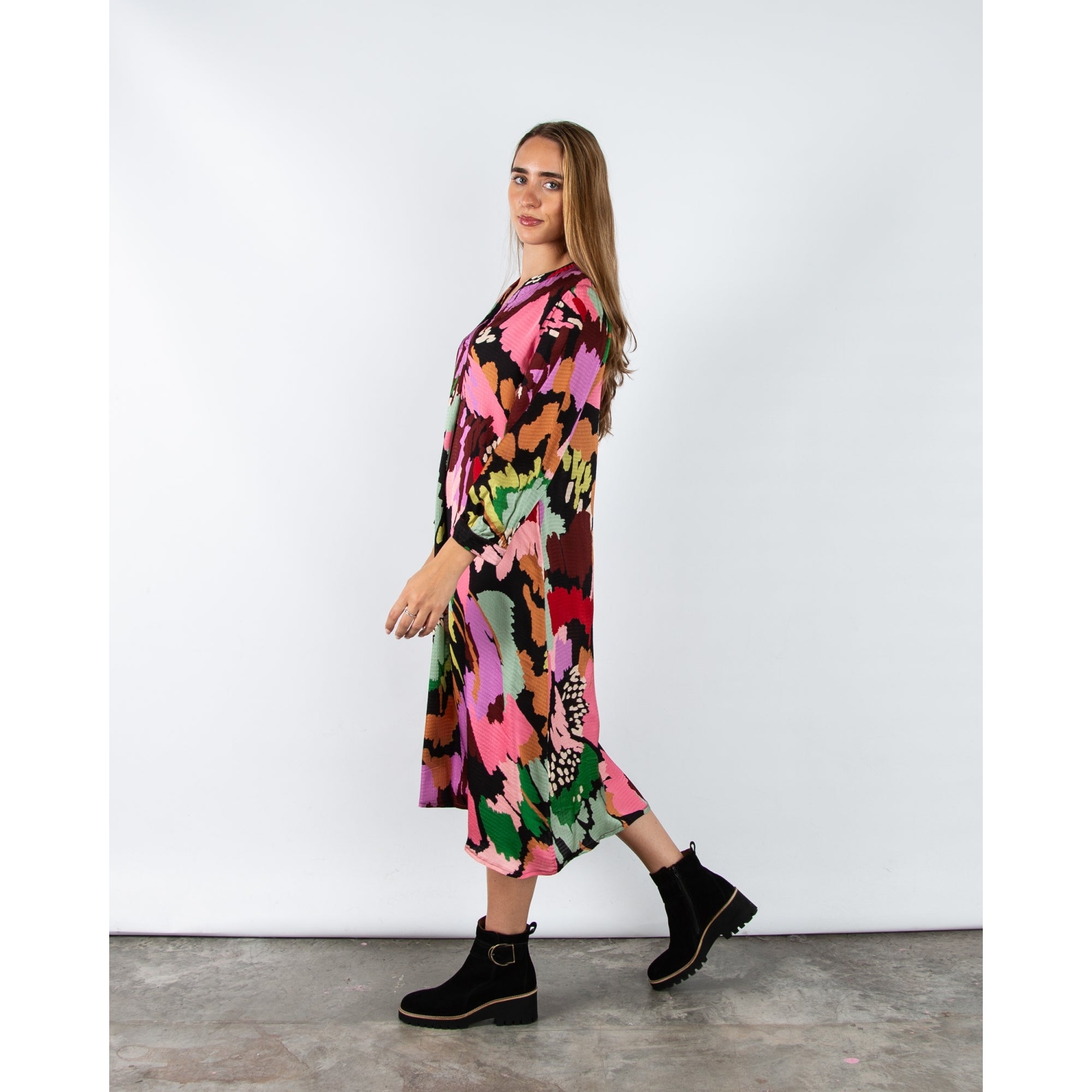 Sahara Painted Floral V Neck Loose Bodied Dress Multi