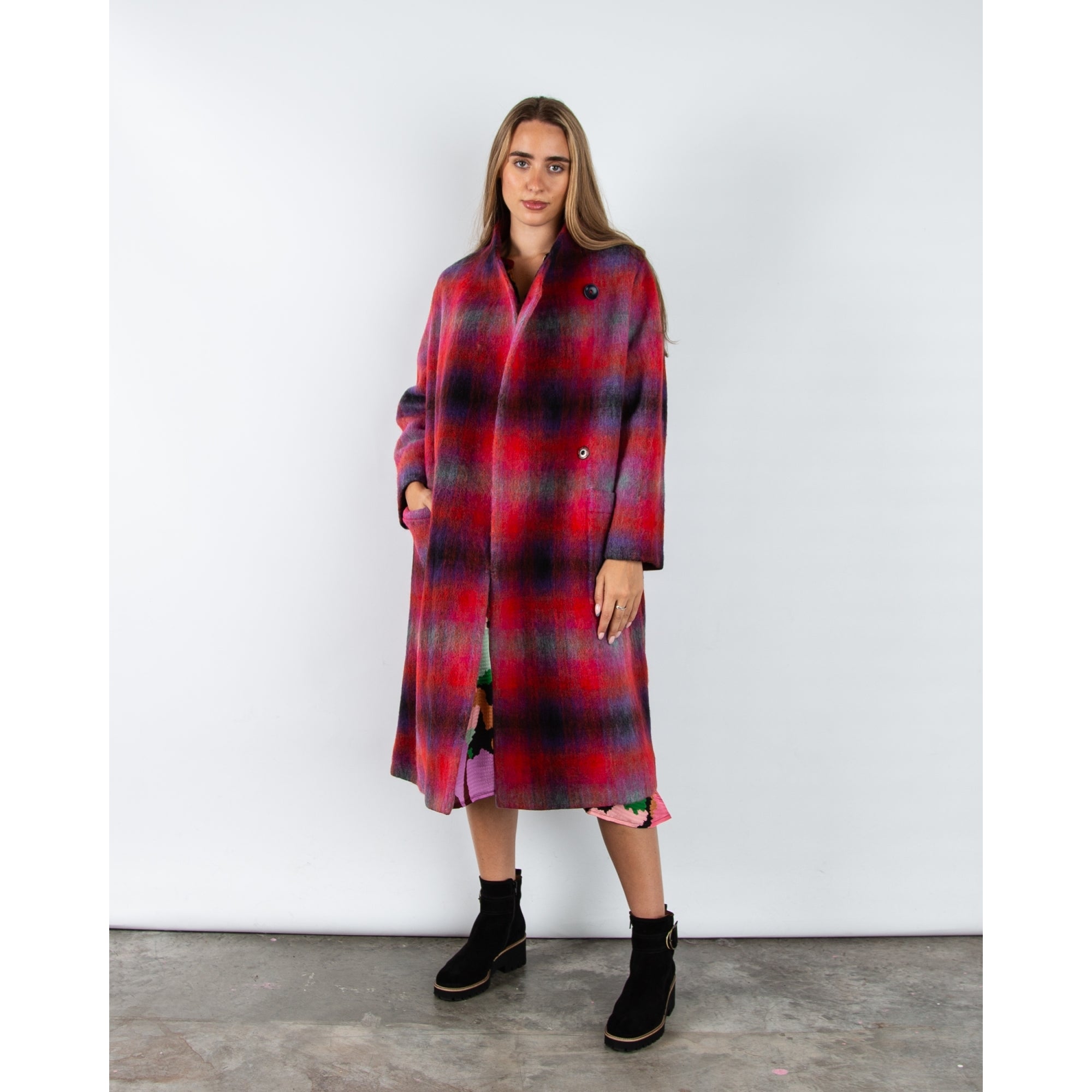 Sahara Blown Blurry Check Coat With Asymmetric Collar Red/purple