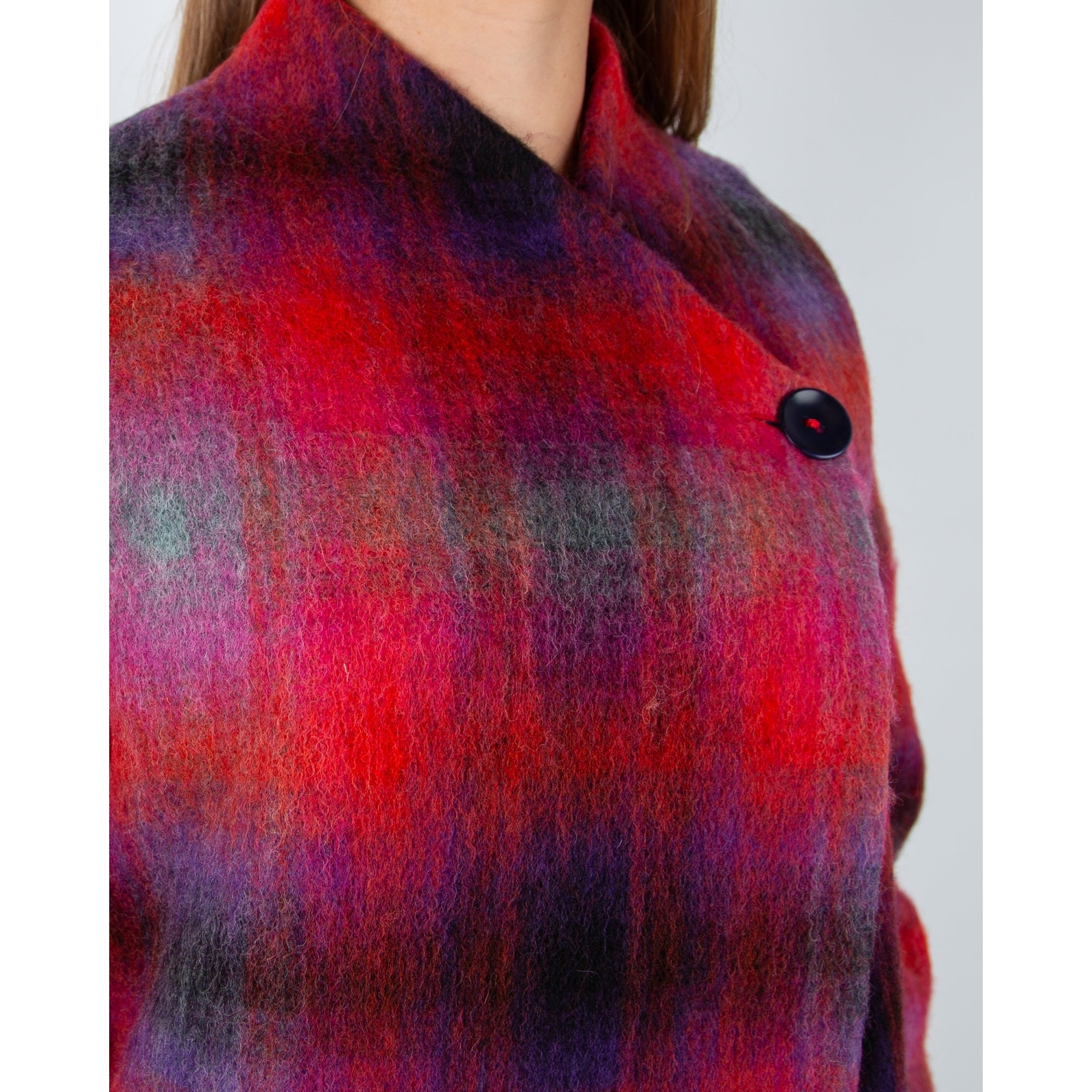 Sahara Blown Blurry Check Coat With Asymmetric Collar Red/purple