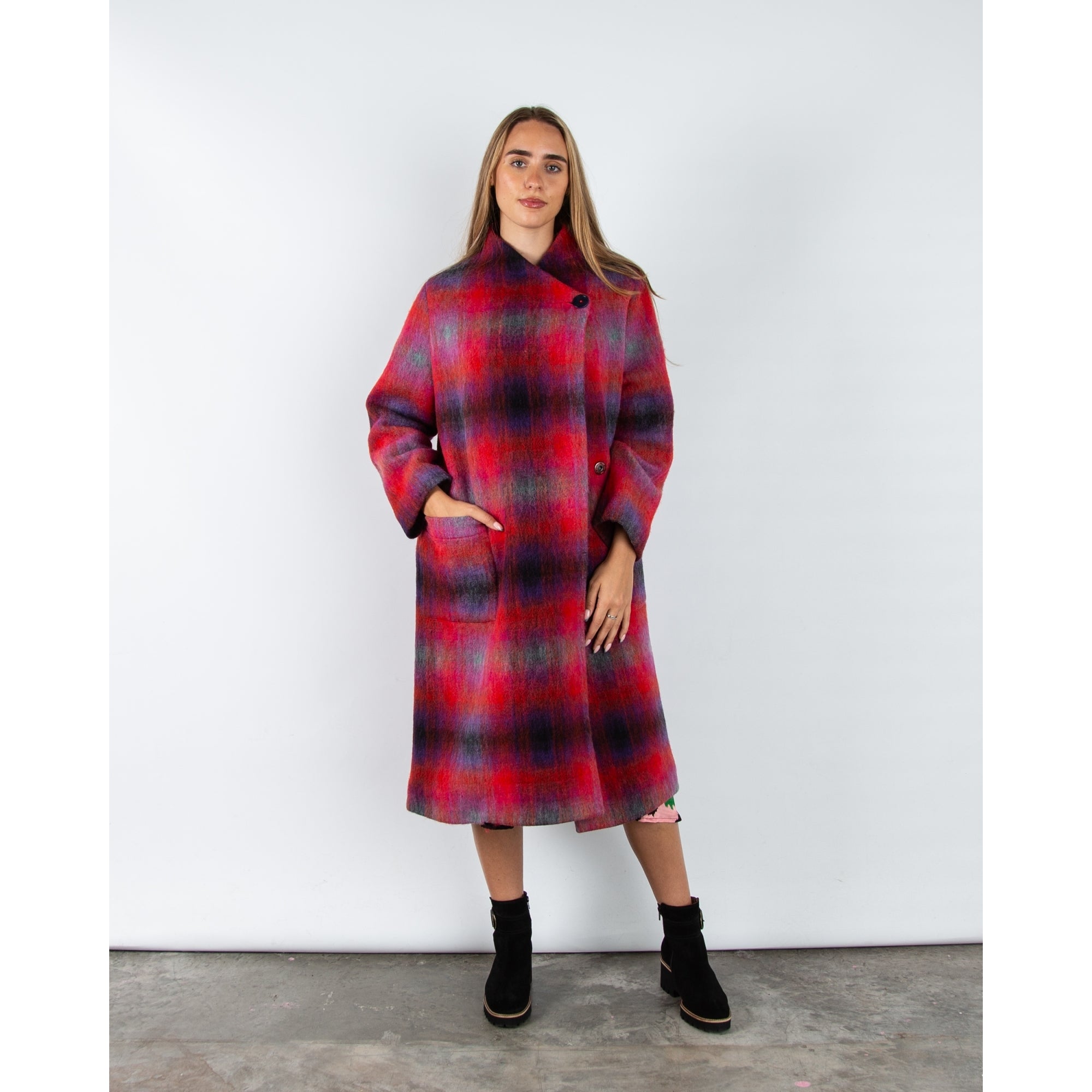 Sahara Blown Blurry Check Coat With Asymmetric Collar Red/purple
