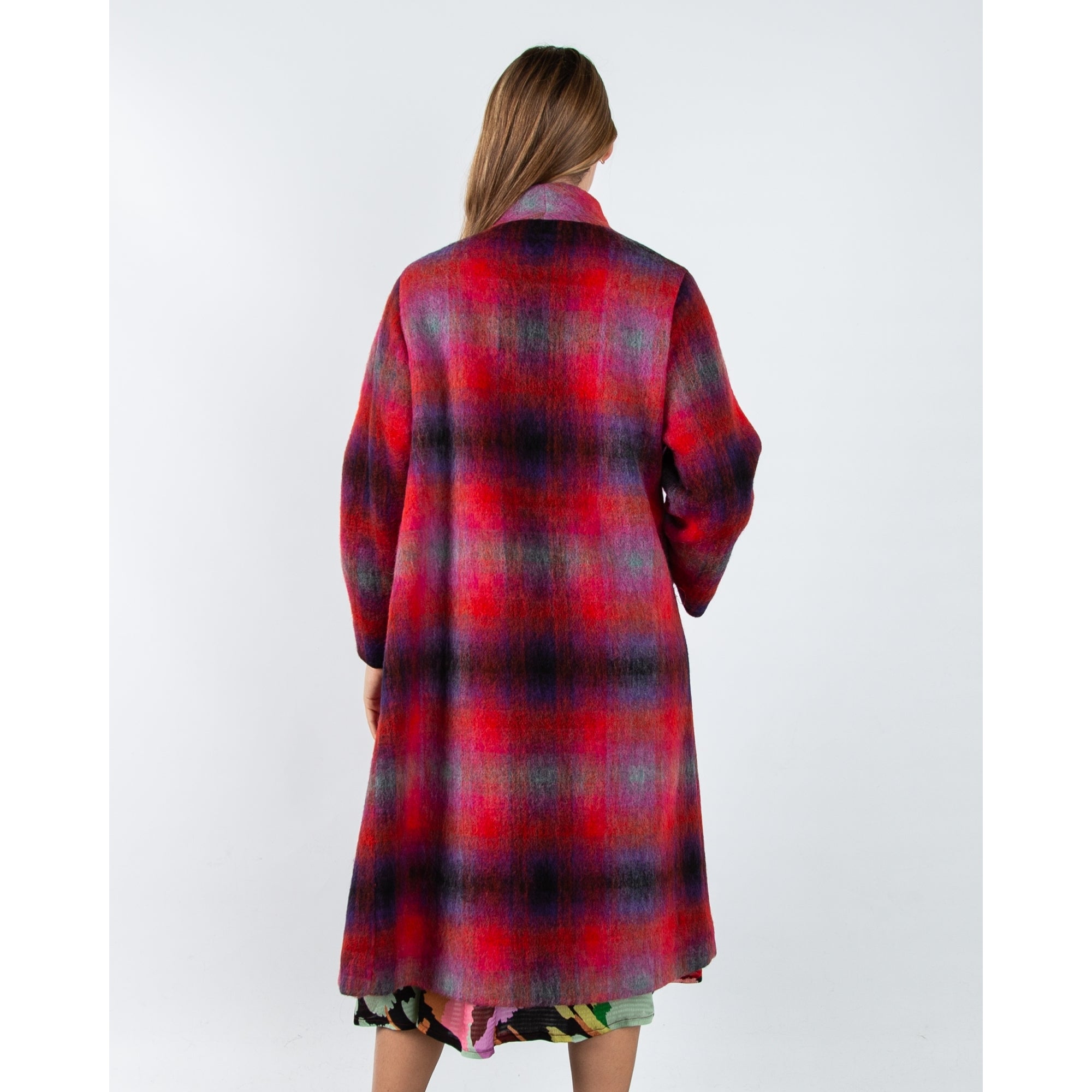 Sahara Blown Blurry Check Coat With Asymmetric Collar Red/purple