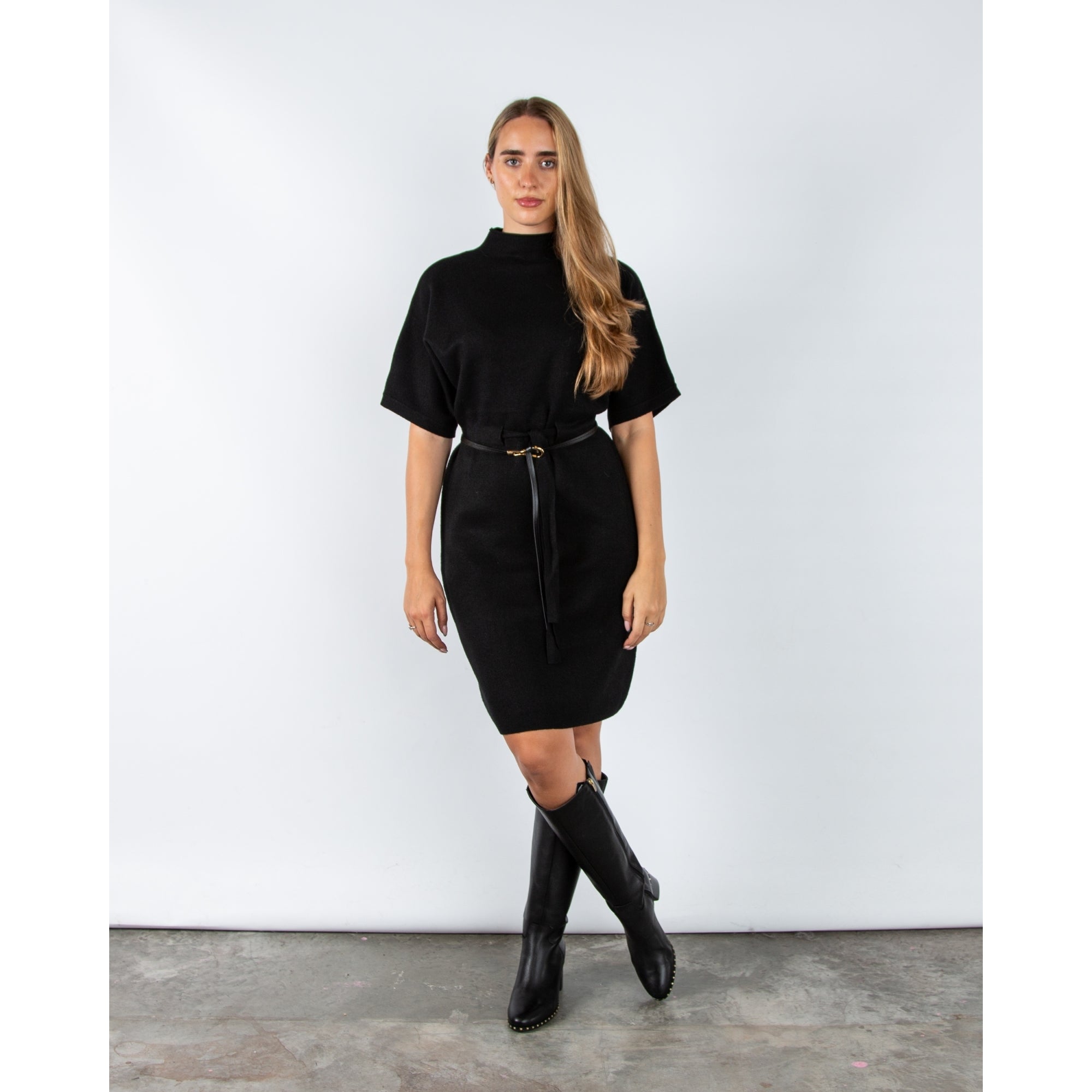 Alison Sheri Dolman Sleeve Belted Knit Midi Dress Black