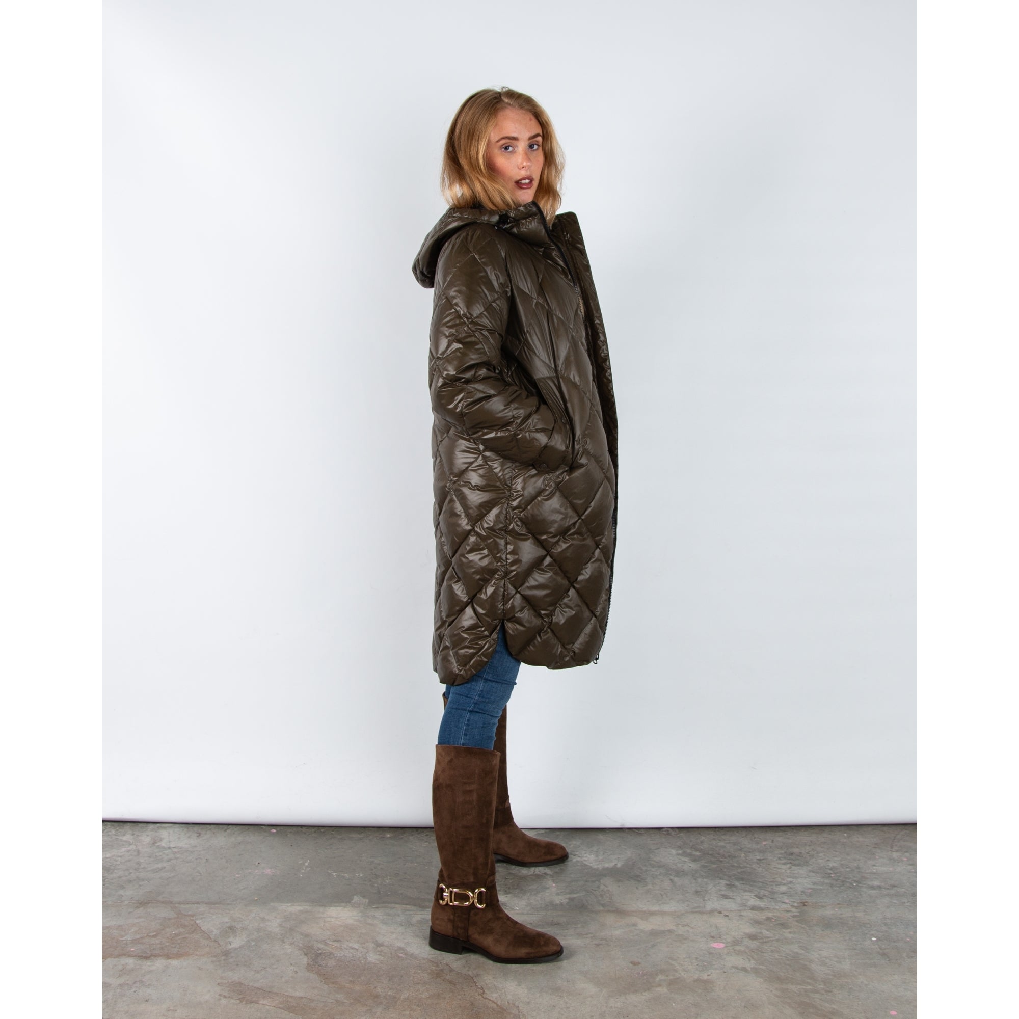 Marc Cain Leo Hike Diamond Stitch Quilted Long Coat Deep Olive