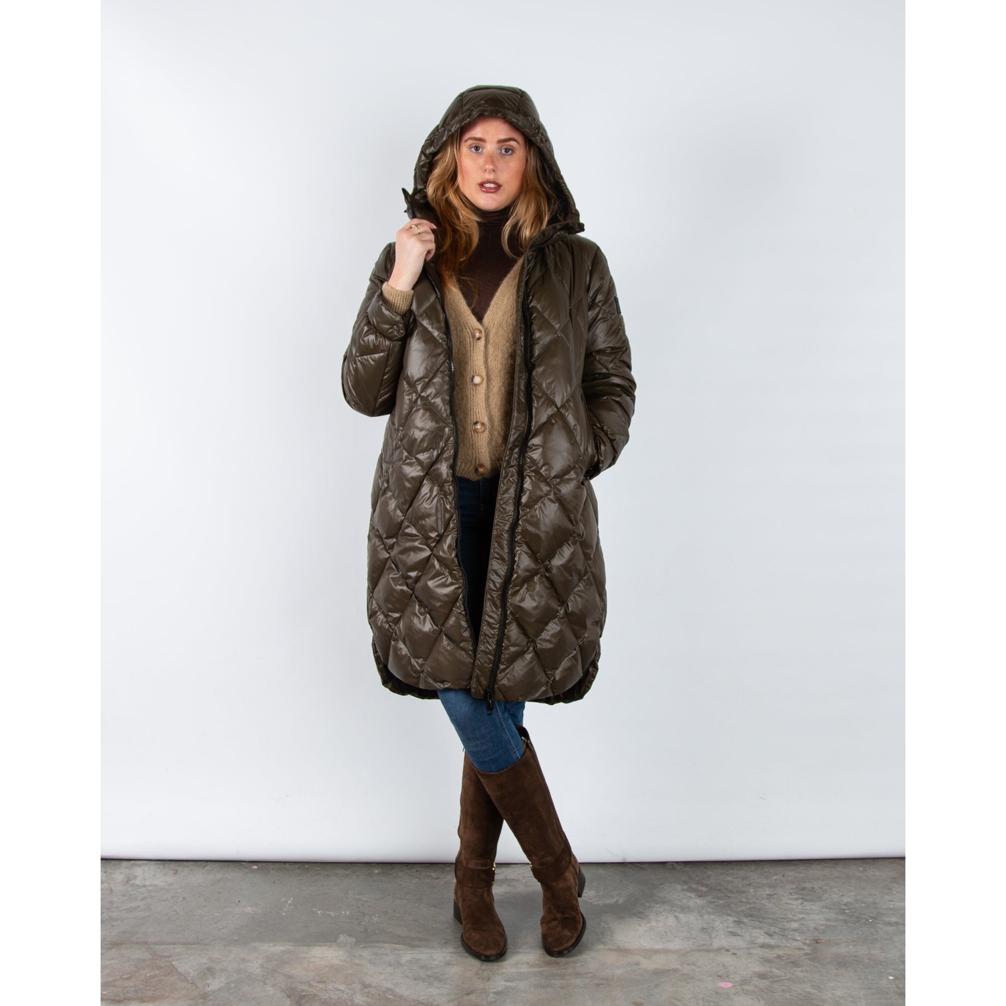 Marc Cain Leo Hike Diamond Stitch Quilted Long Coat Deep Olive