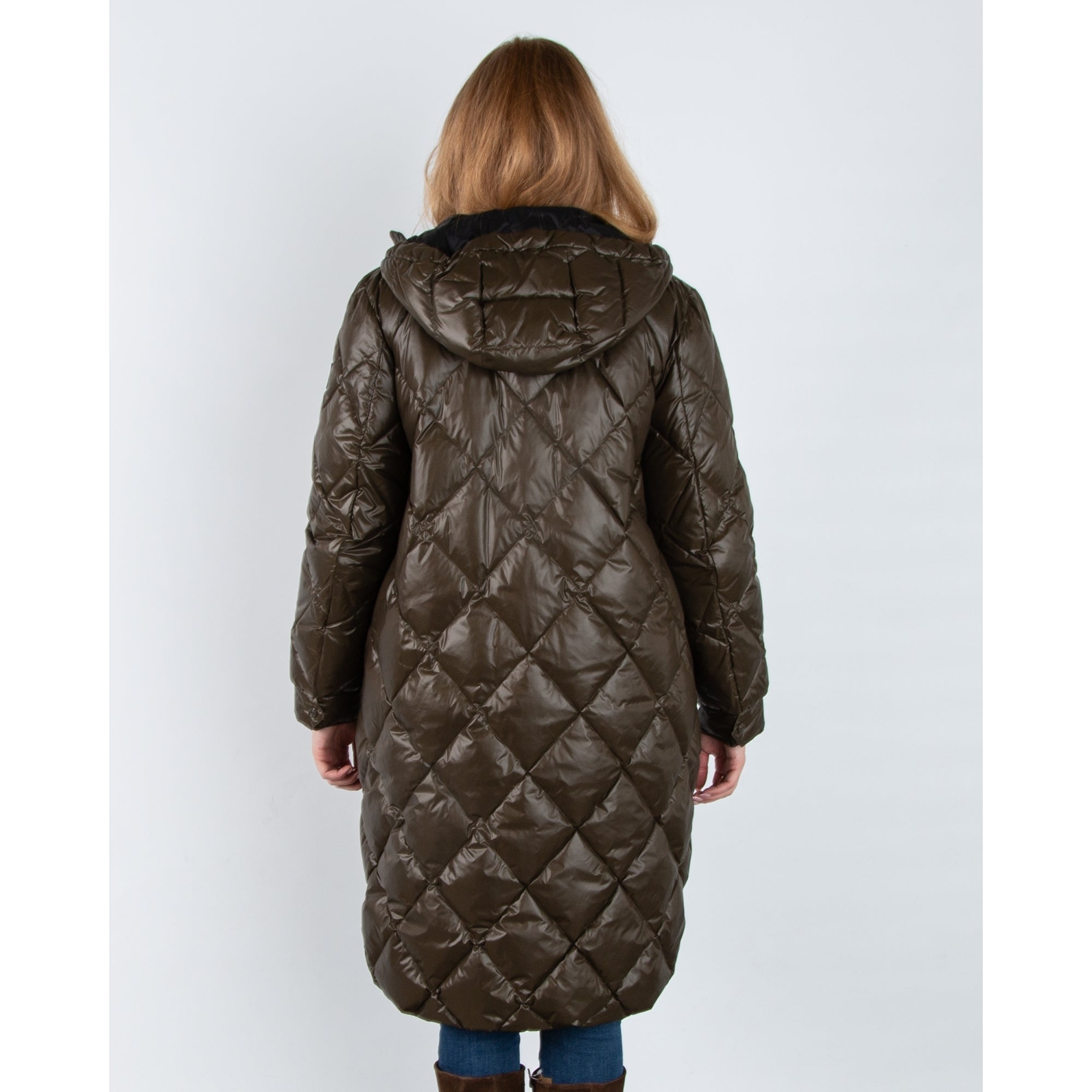 Marc Cain Leo Hike Diamond Stitch Quilted Long Coat Deep Olive