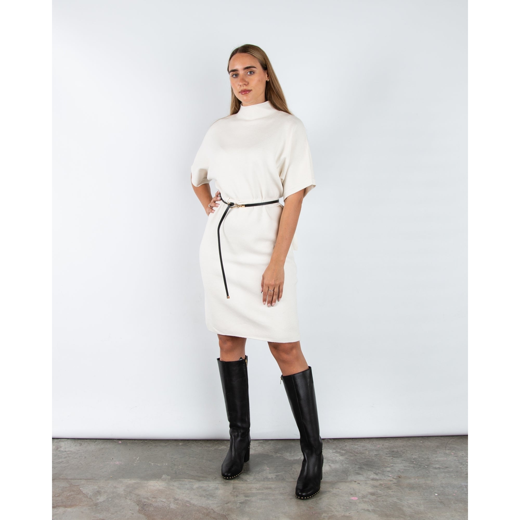 Alison Sheri Dolman Sleeve Belted Knit Midi Dress Cream