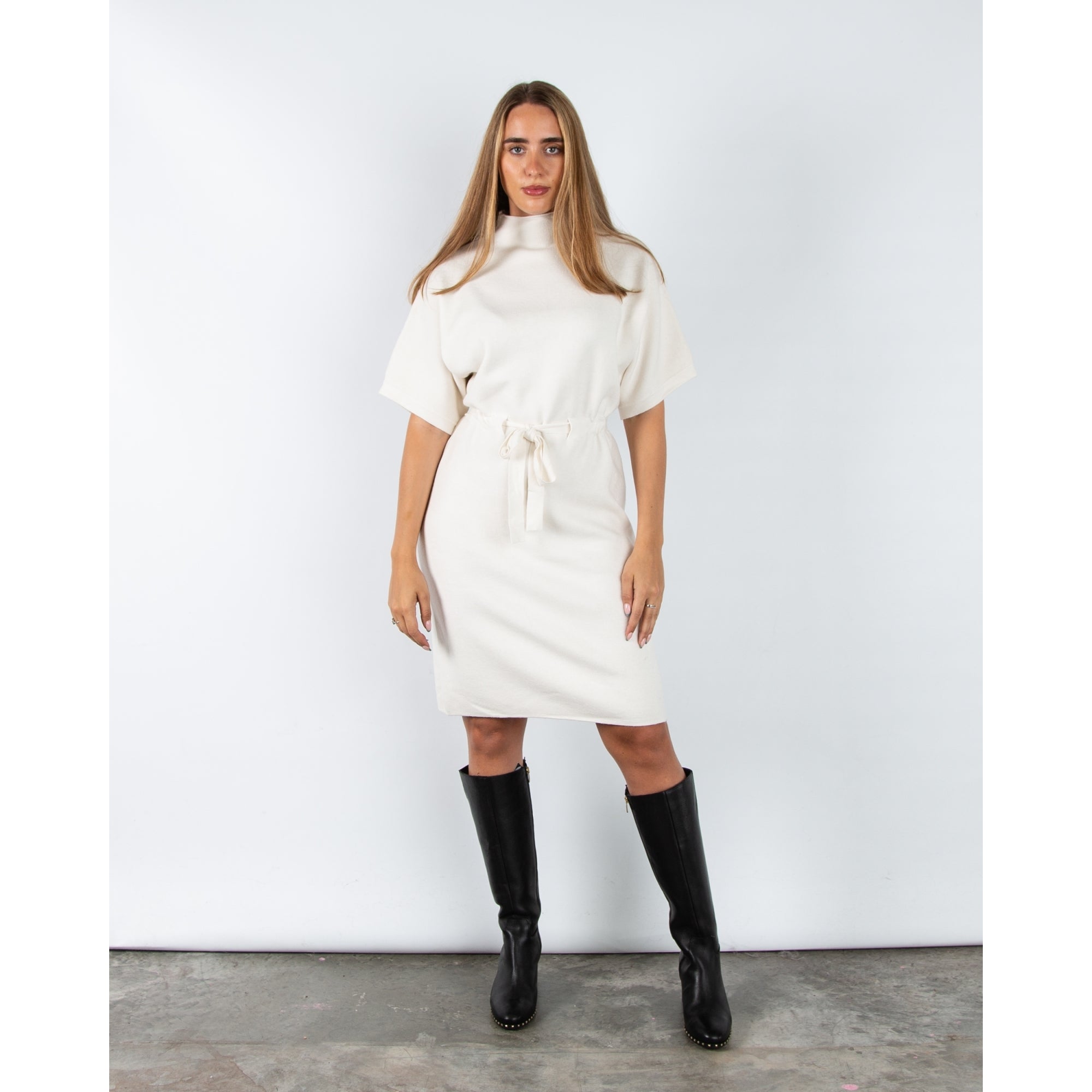Alison Sheri Dolman Sleeve Belted Knit Midi Dress Cream