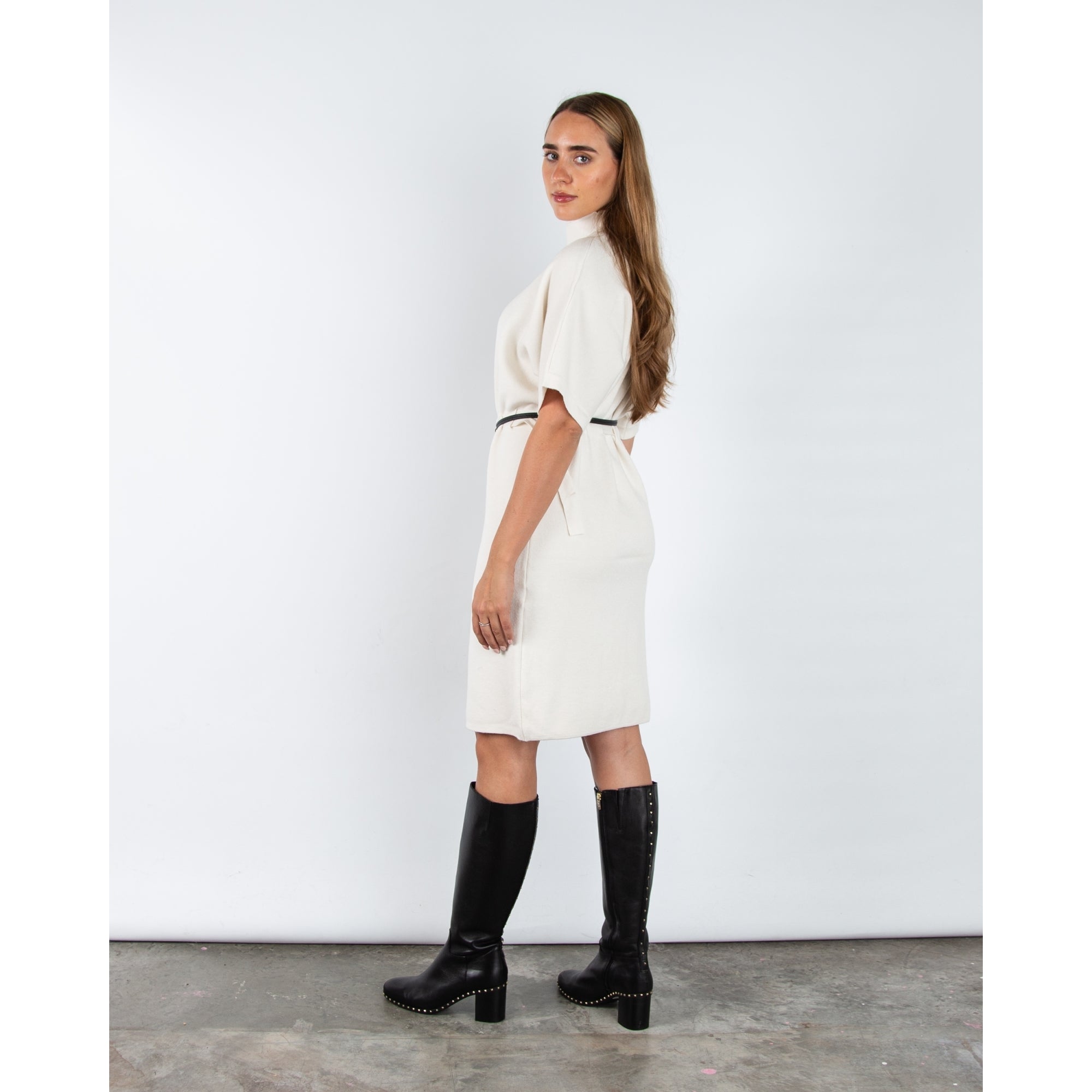 Alison Sheri Dolman Sleeve Belted Knit Midi Dress Cream