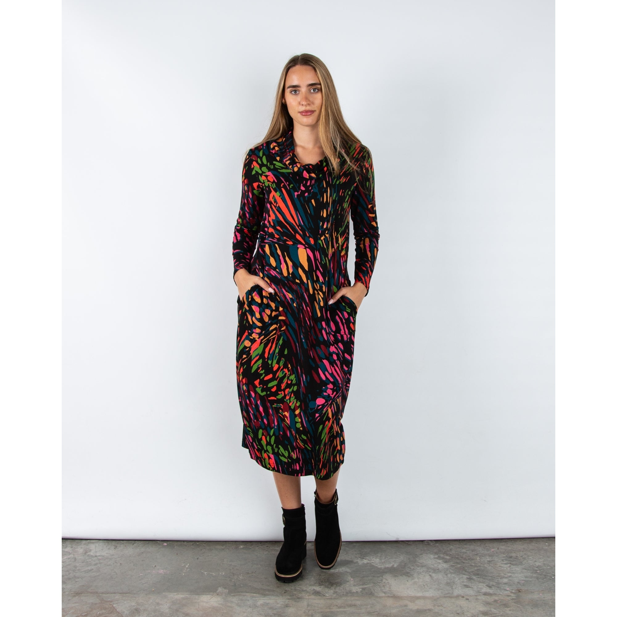 Sahara Cowl Neck Splatter Print Bubble Dress Black Multi