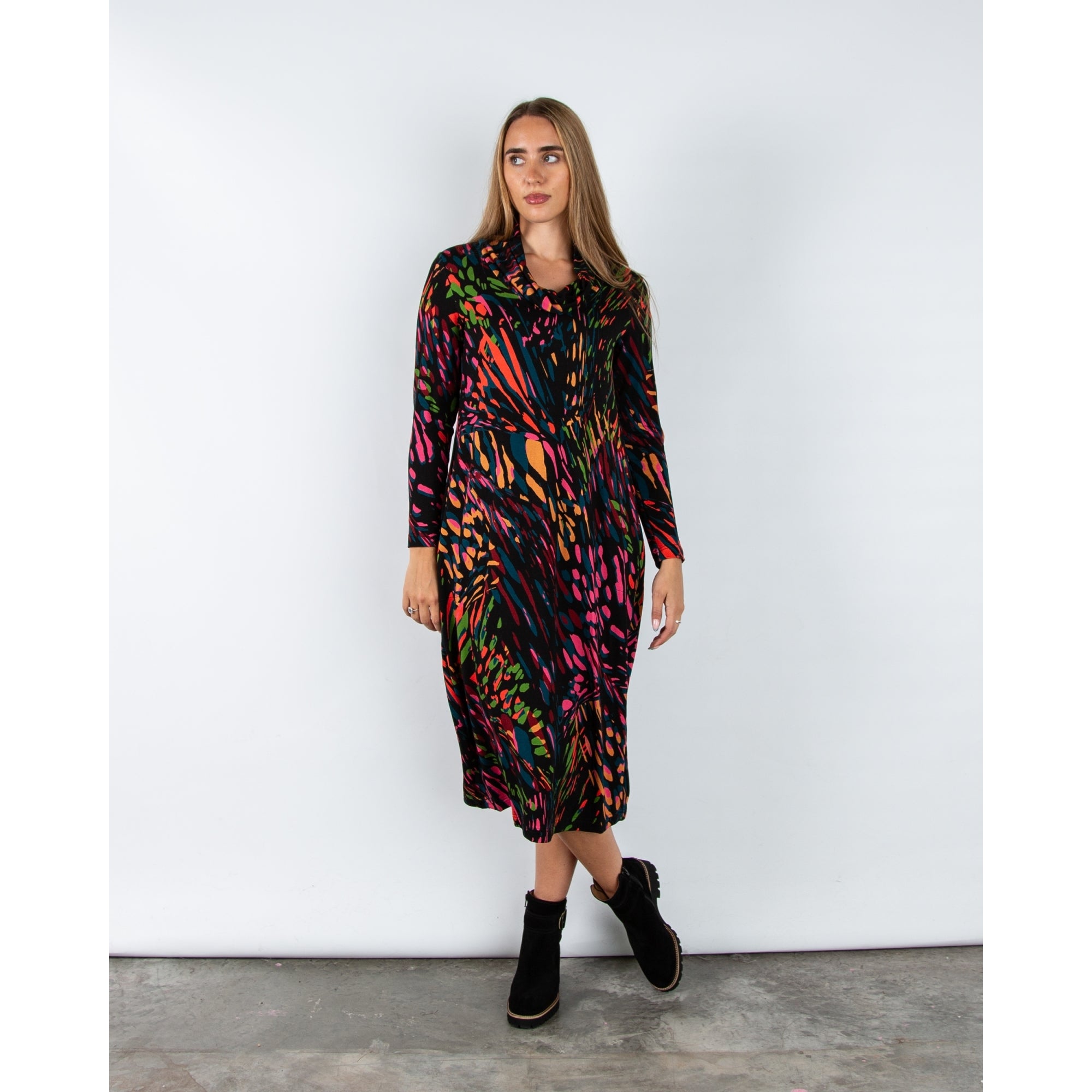 Sahara Cowl Neck Splatter Print Bubble Dress Black Multi