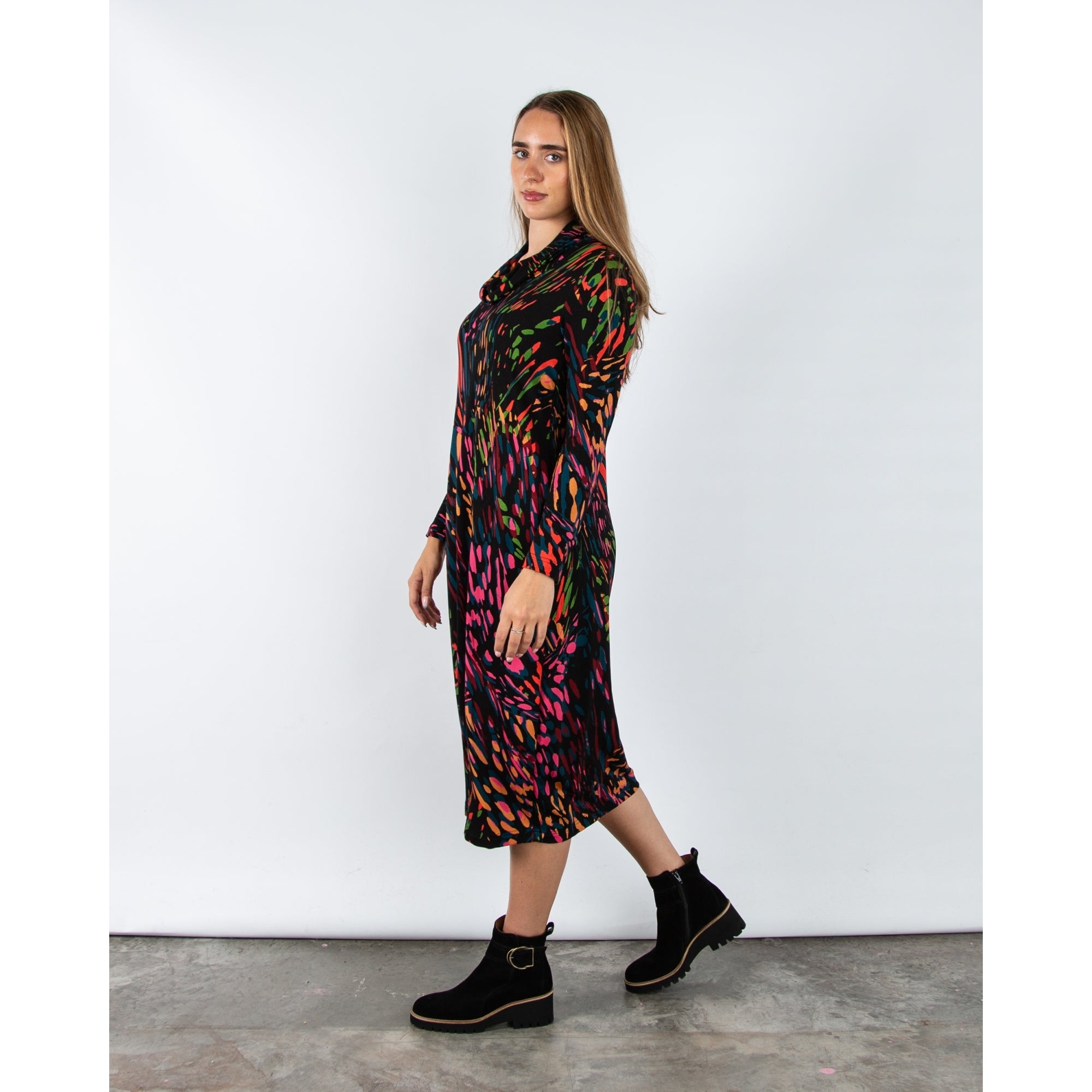 Sahara Cowl Neck Splatter Print Bubble Dress Black Multi