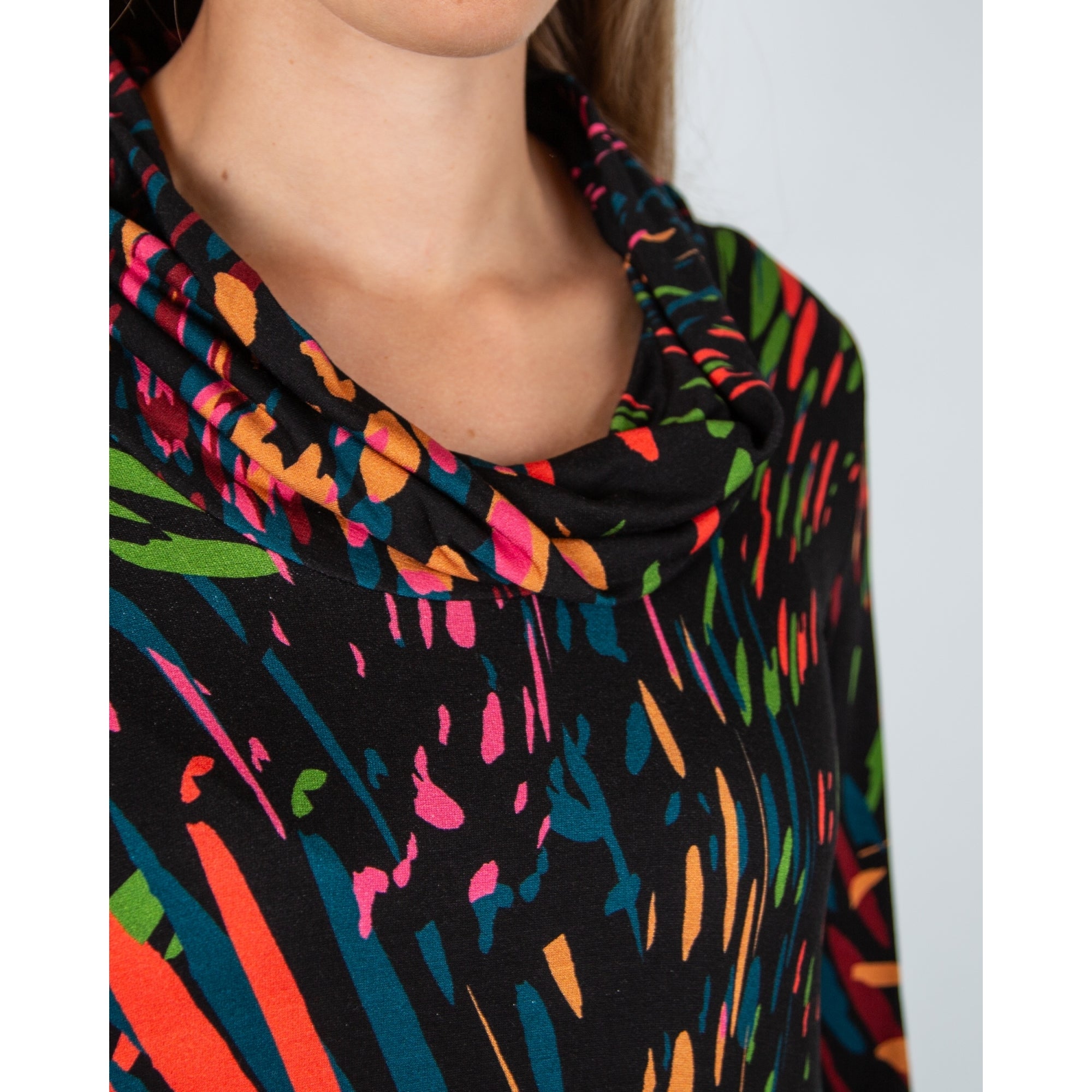 Sahara Cowl Neck Splatter Print Bubble Dress Black Multi