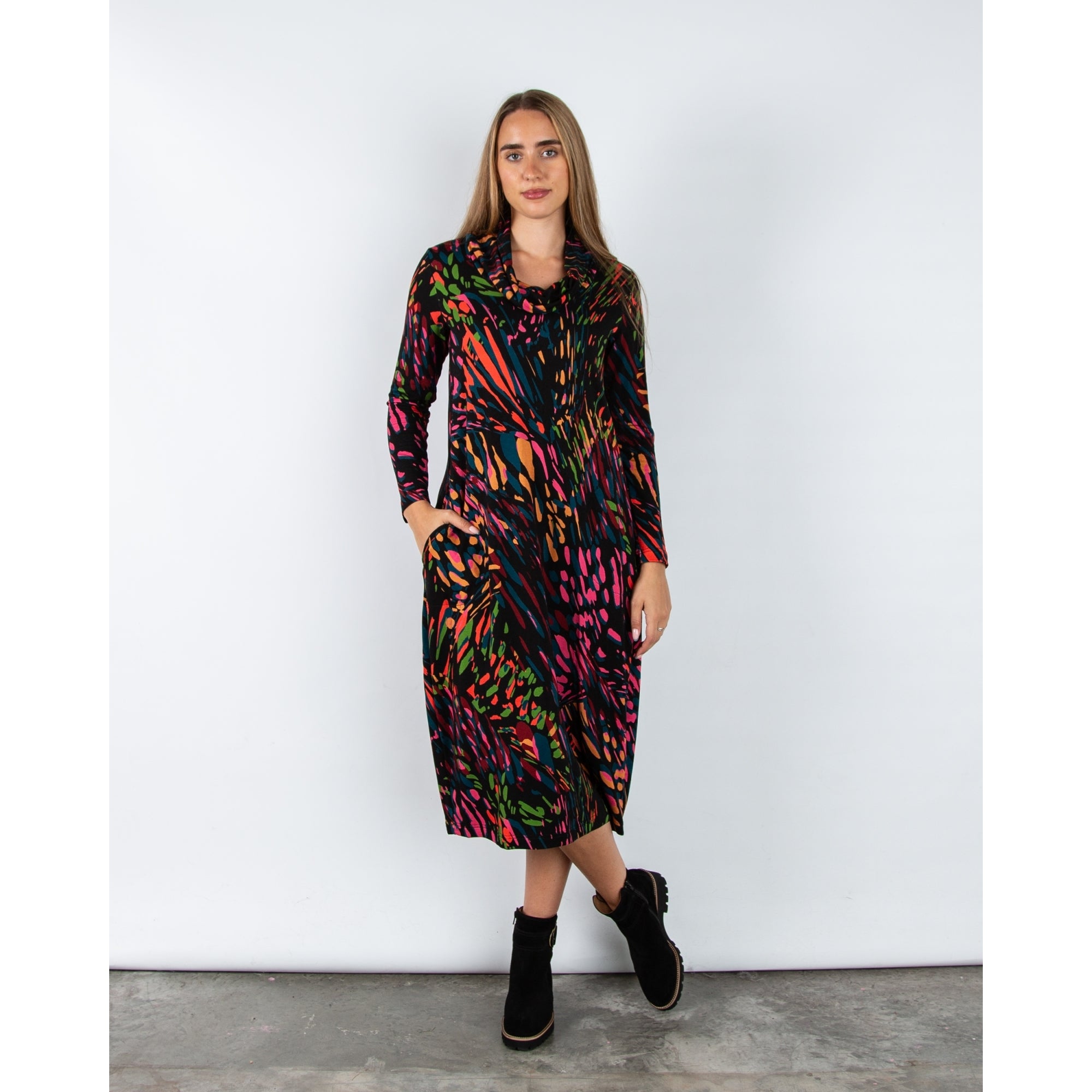 Sahara Cowl Neck Splatter Print Bubble Dress Black Multi