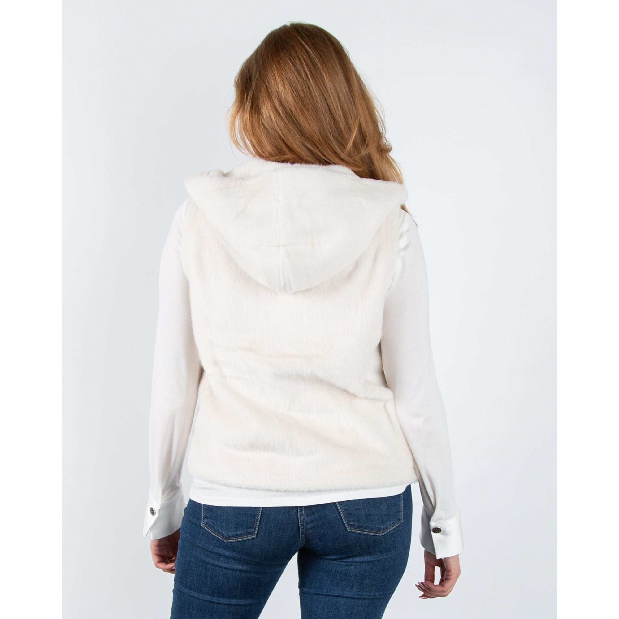 Giovanni Vicky Faux Fur Zip Through Gilet With Hood Ecru