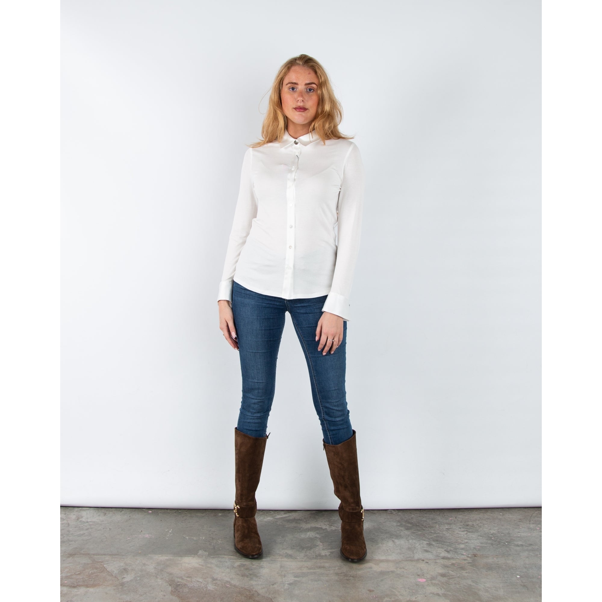 Bariloche Barcial Fitted Jersey Shirt With Satin Collar And Cuff Off White