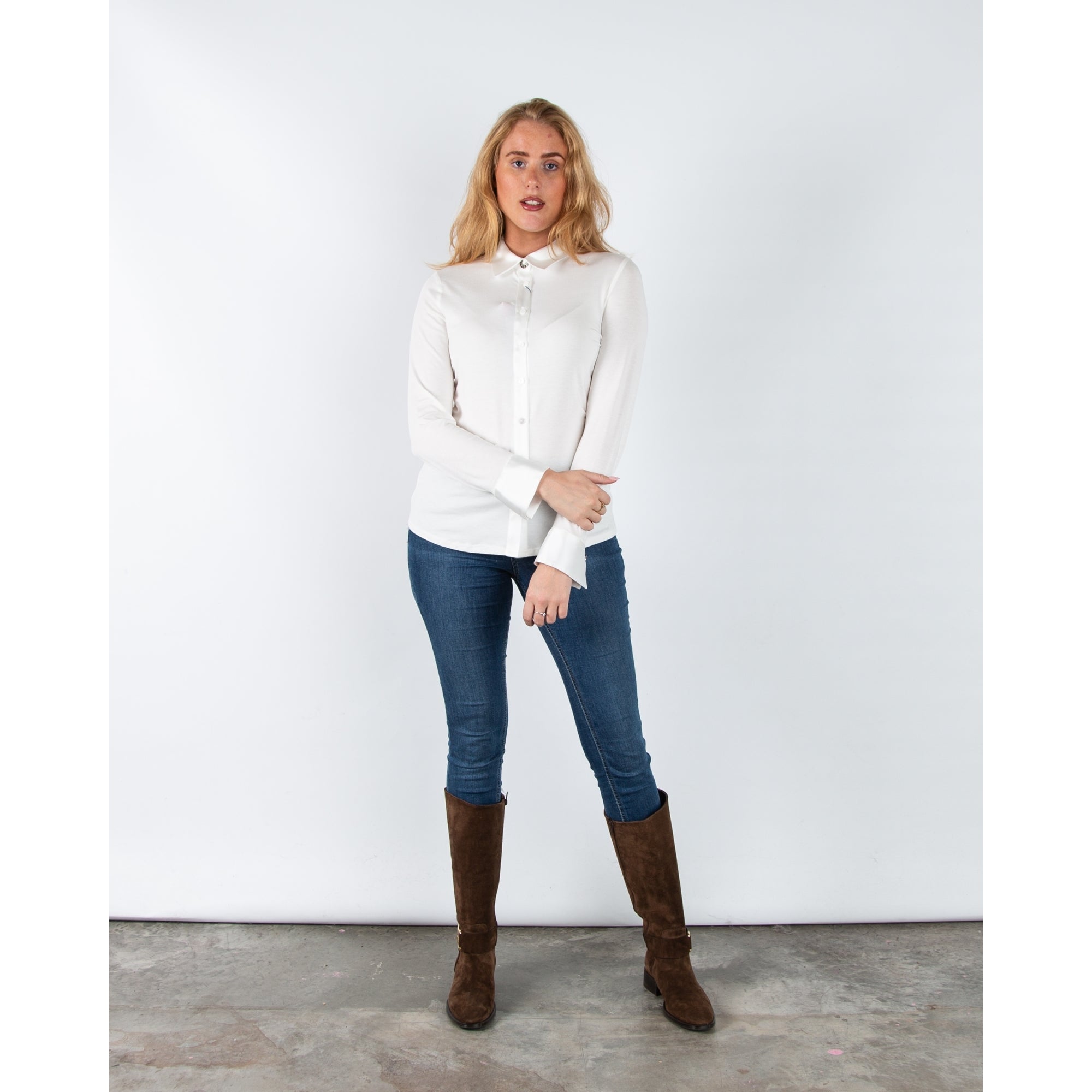 Bariloche Barcial Fitted Jersey Shirt With Satin Collar And Cuff Off White