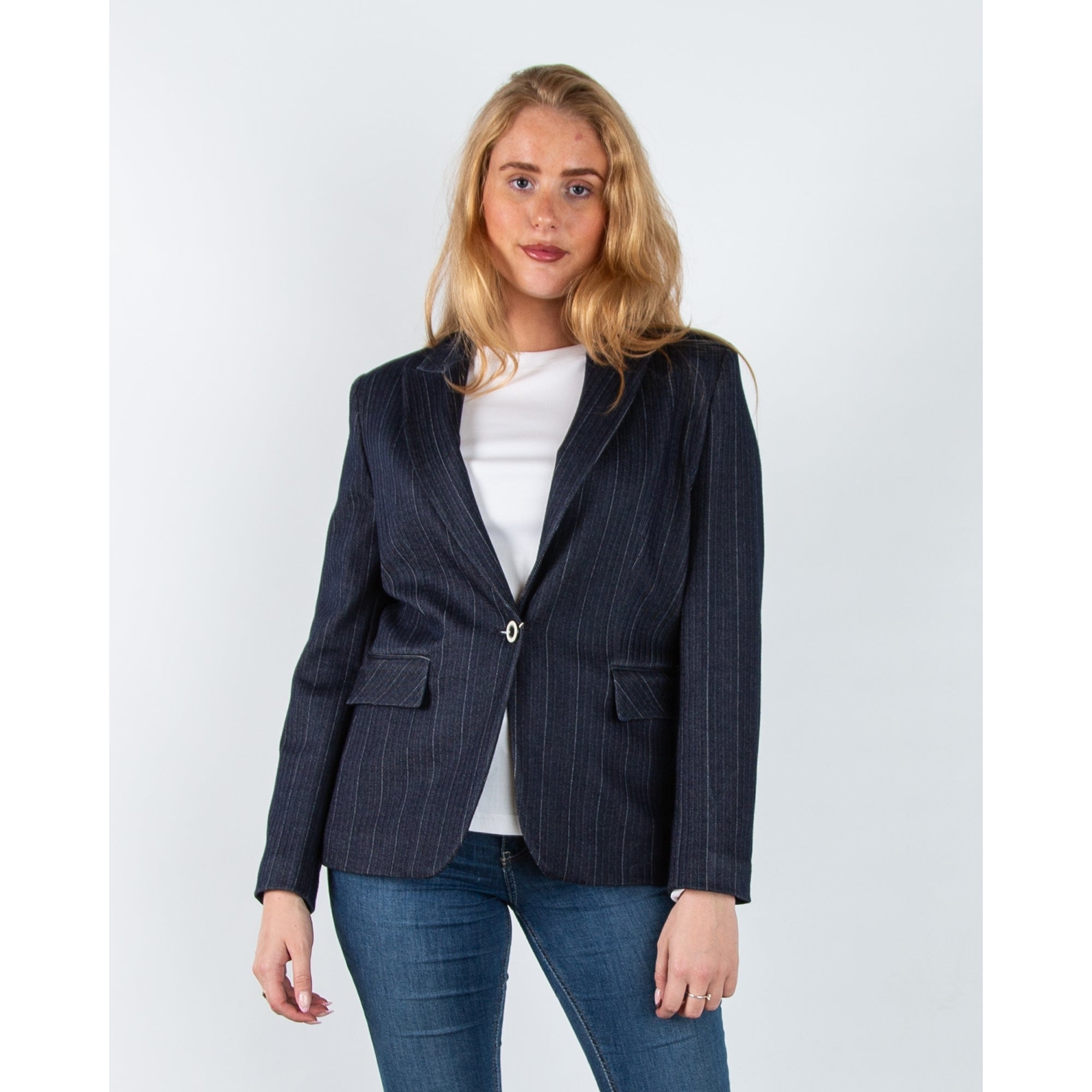 Tinta Style Serena Pinstripe Herringbone Jersey Single Button Blazer Navy