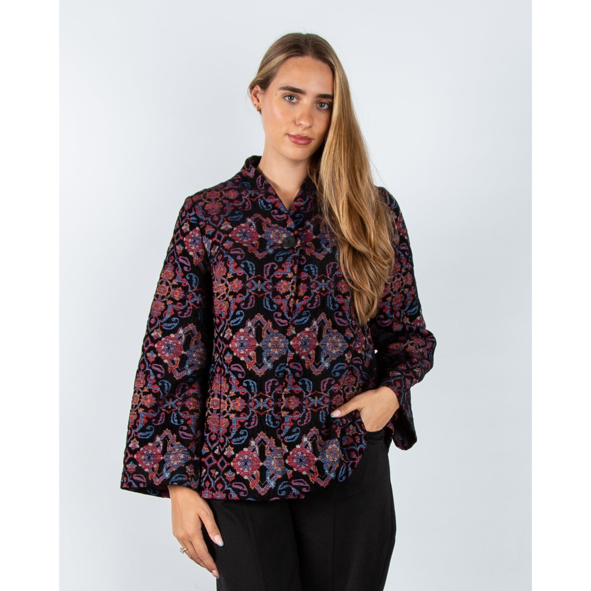 Sahara Jacquard Cape Jacket With Neck Button Black Multi