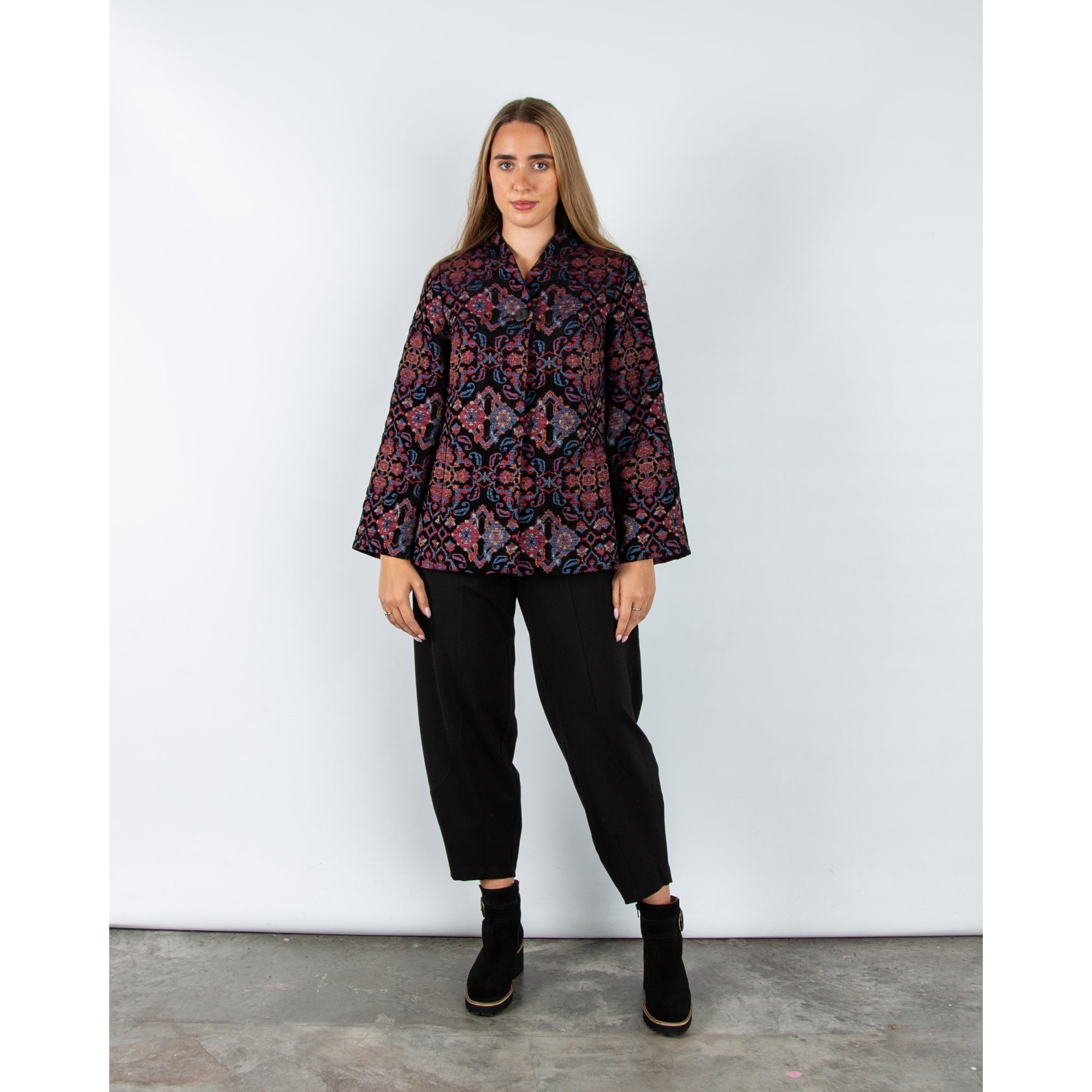 Sahara Jacquard Cape Jacket With Neck Button Black Multi
