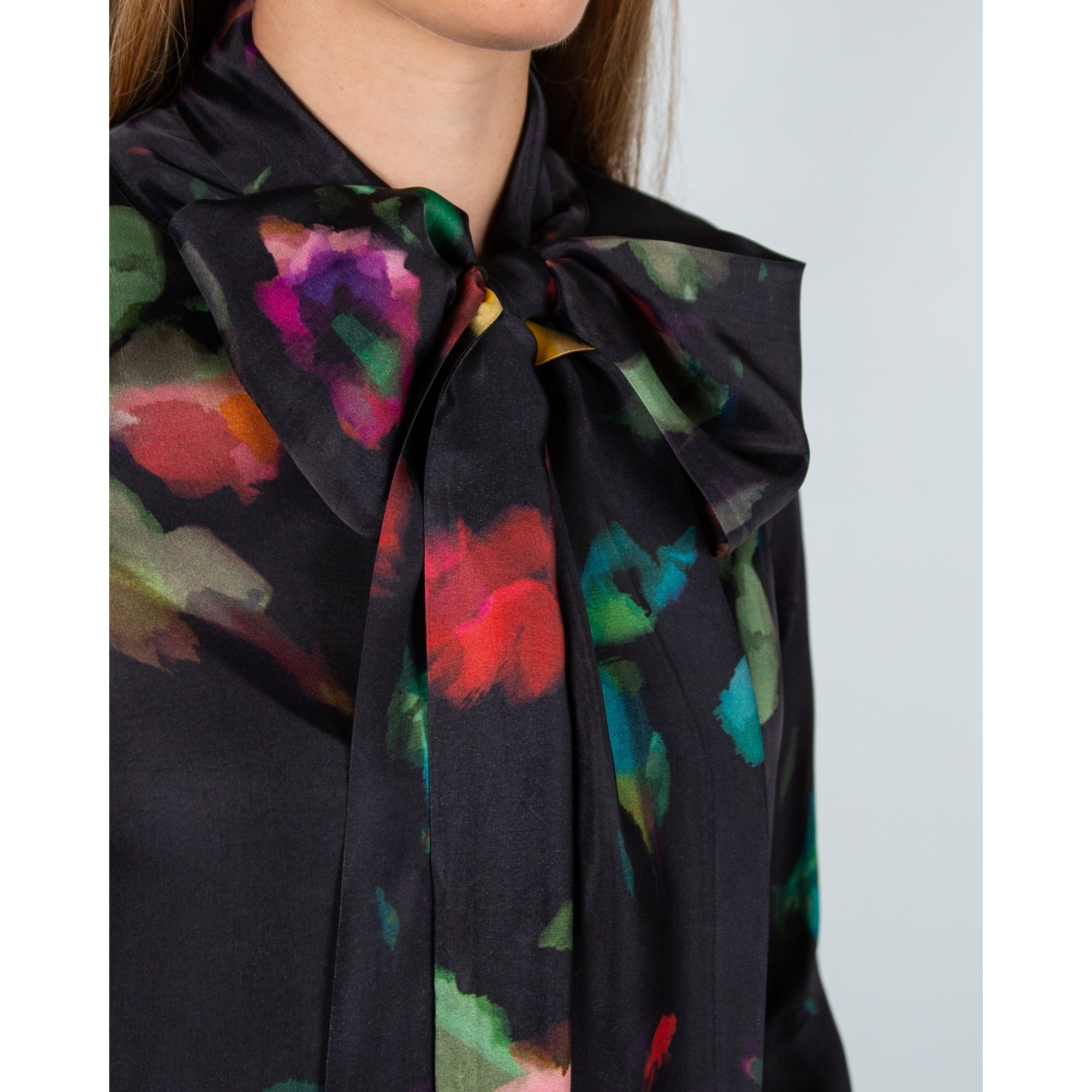 Sahara Silky Viscose V Neck Dress With Tie Neck Black Multi